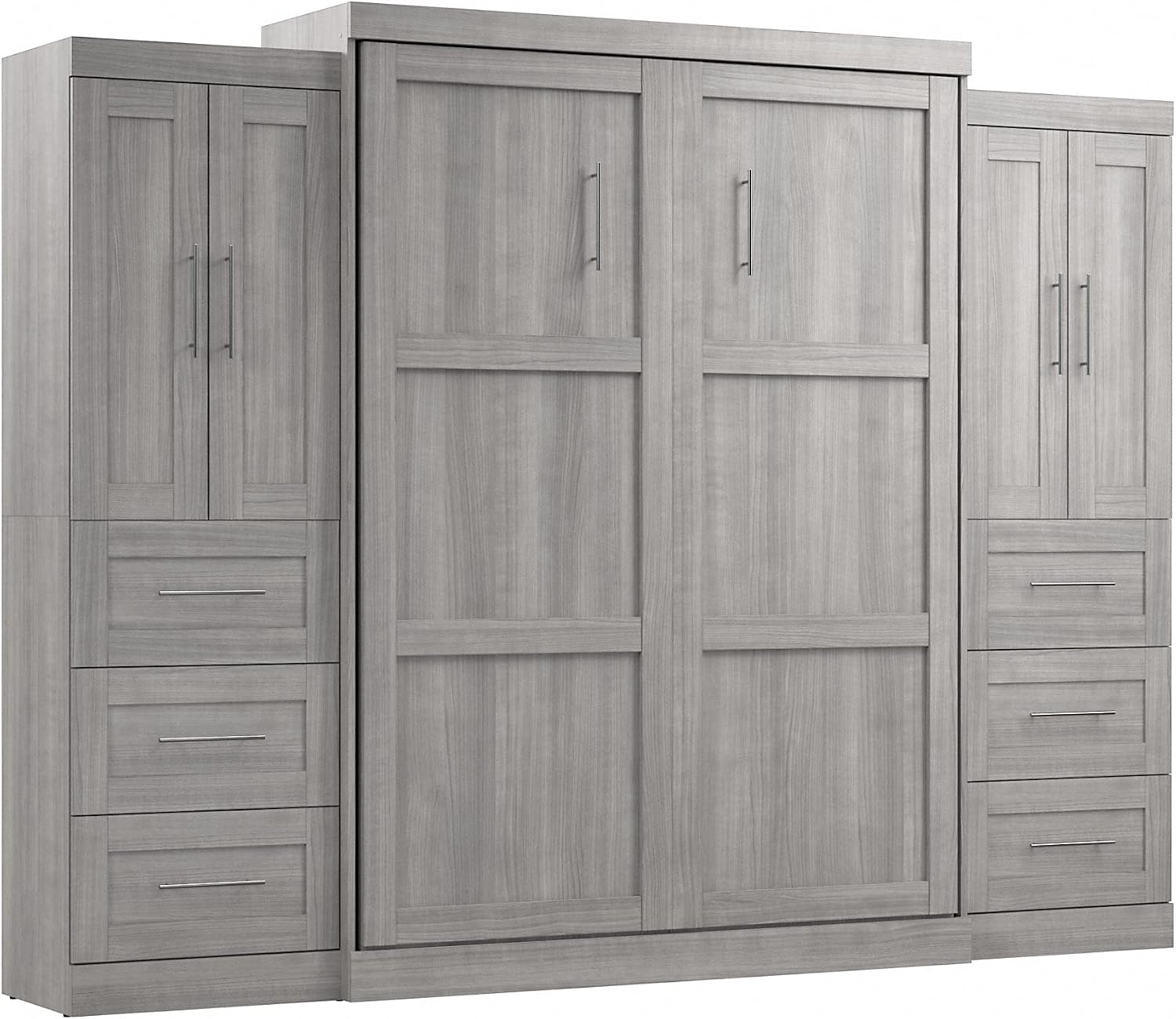 Bestar Pur Full Murphy Bed and 2 Shelving Units with Drawers, 109-inch Space-Saving Sleeping Arrangement in White | 2 Shelving Units with Drawers; supports up to 1000 lb; min. ceiling height 86.4 in.; dual piston mechanism; 10-year warranty