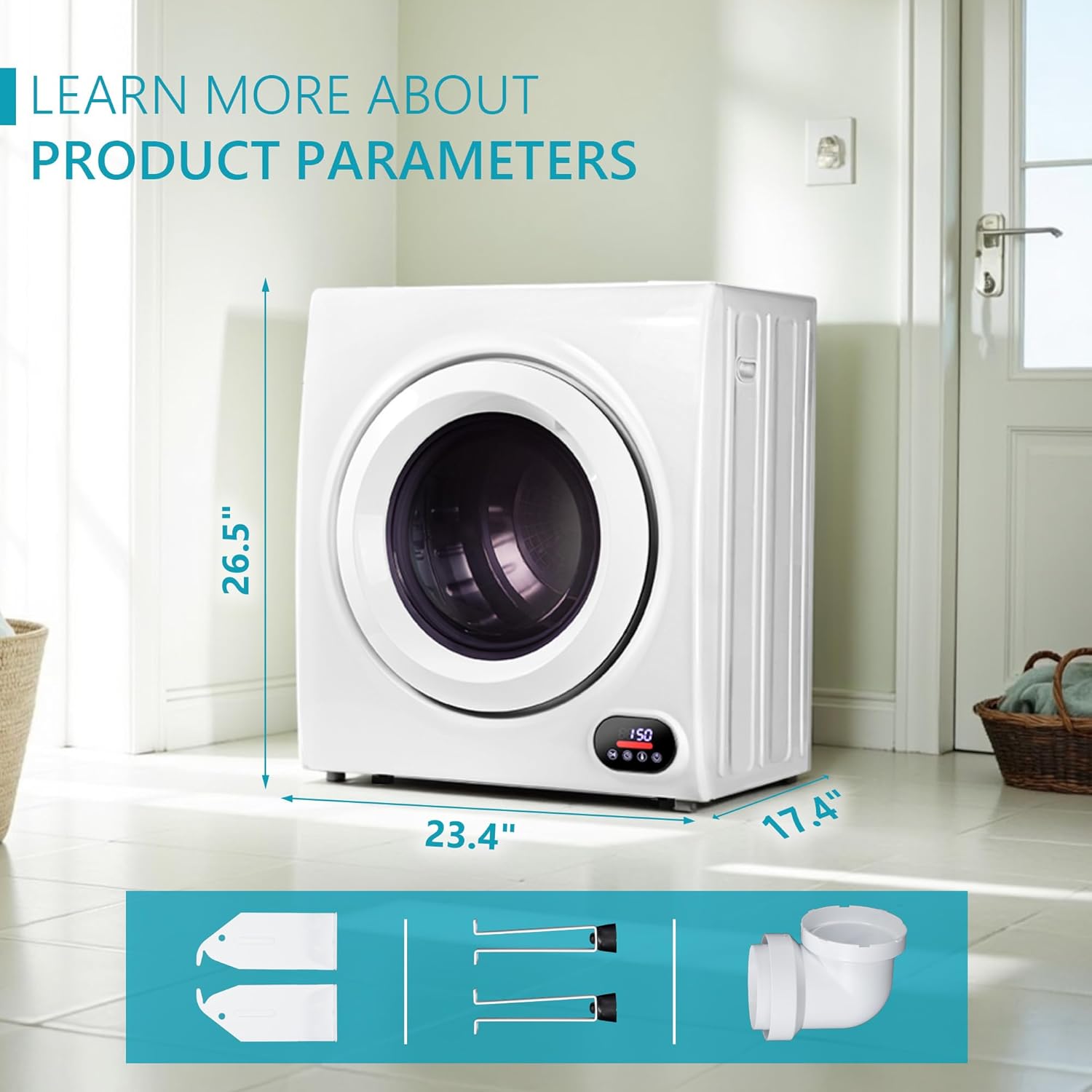 Euhomy Compact Laundry Dryer, 3.5 cu ft Front Load Stainless Steel Clothes Dryers With Exhaust Pipe, 1500W