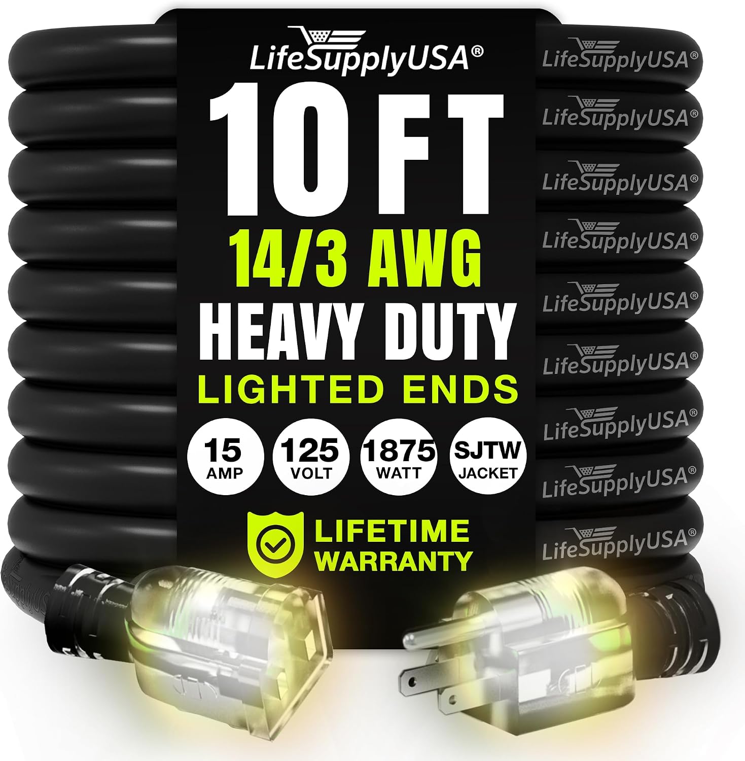 25ft Outdoor/Indoor Extension Cord 12/3 Gauge Extra Heavy Duty 3 Prong SJTW, Waterproof, Flexible Cold-Resistant Long Power Cord,15A 125V 1875W, Yellow by LifeSupplyUSA
