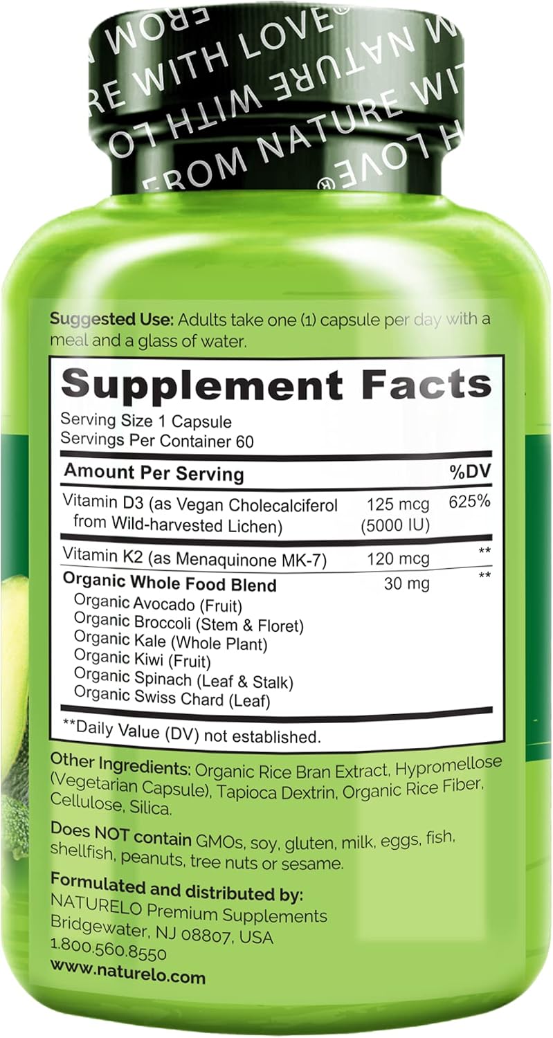 NATURELO Vitamin D3 K2, Vegan K2+D3 Supplement, 60 Capsules