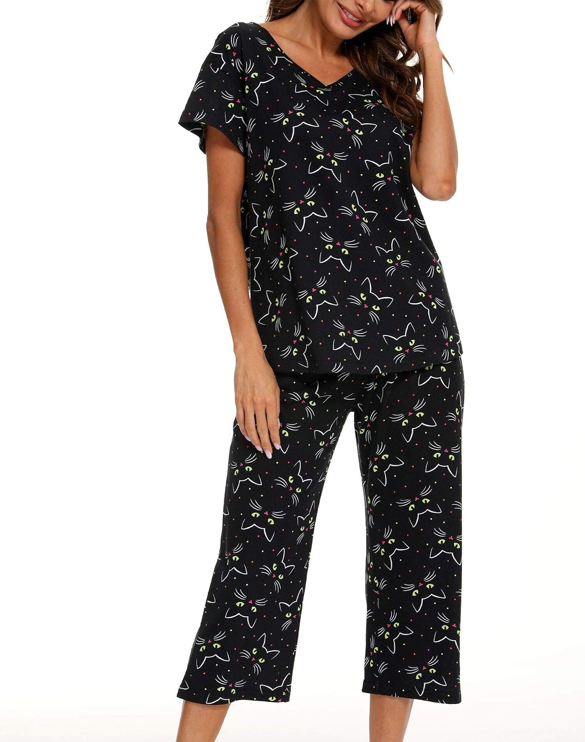 ENJOYNIGHT Womens Pajama Set Cotton Summer Pj Top with Capri Pant Sleepwear