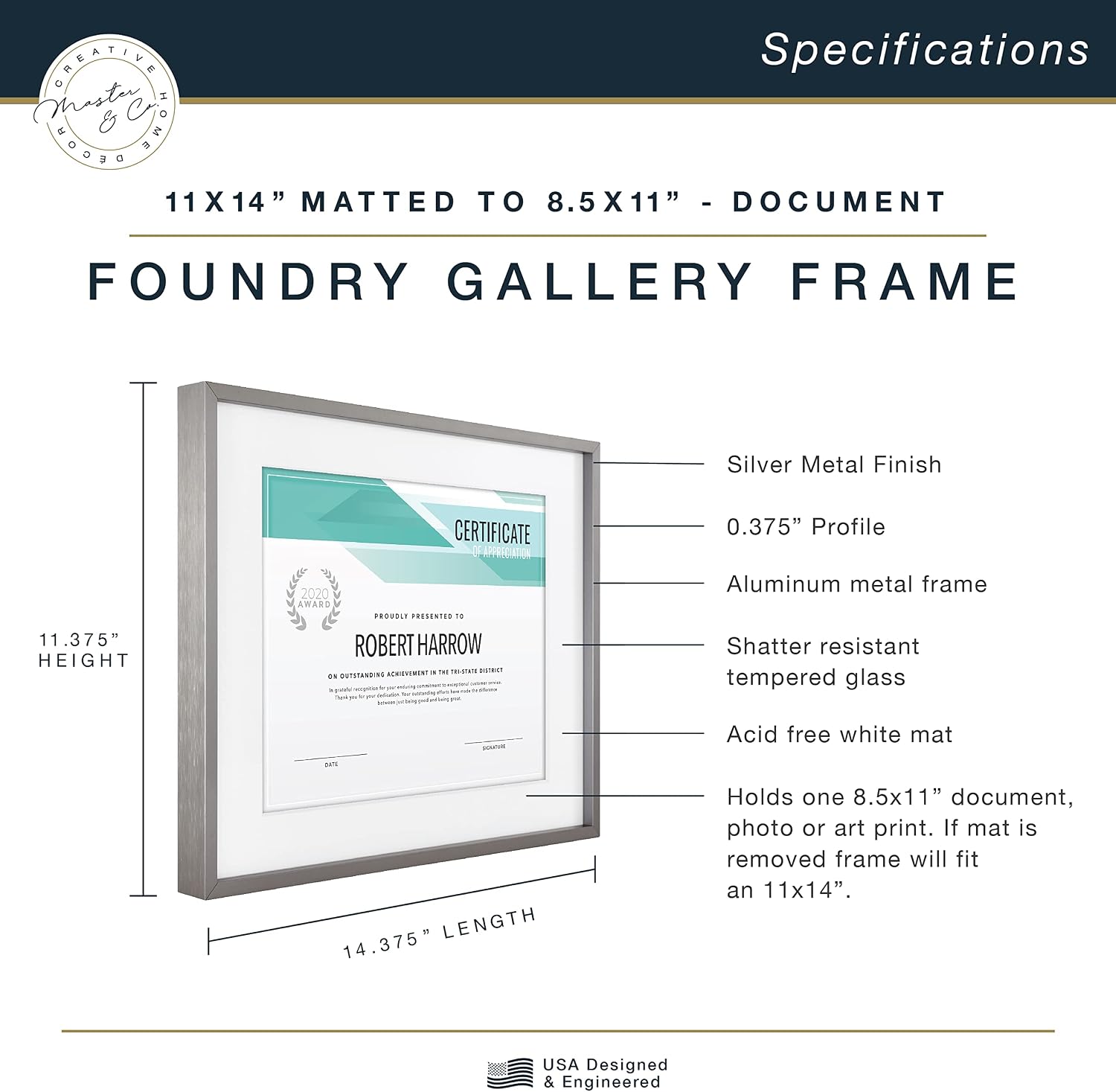 MCS Master & Co. Foundry Metal 12x12 Matted Picture Frame with 8x8 Photo Display