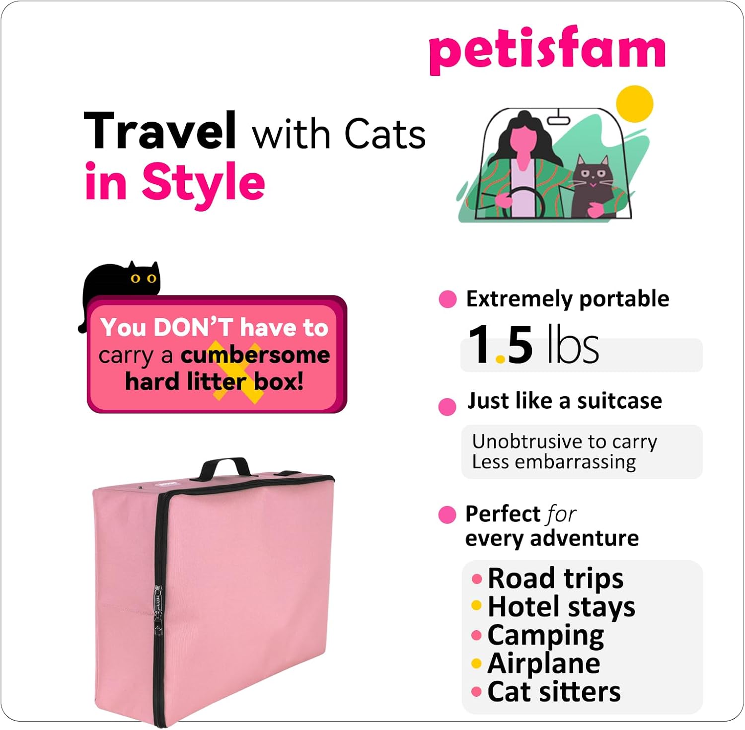 Portable Travel Litter Box for Cats with Lid to Contain Litter and Odor. Easy to Carry, Clean and Store. Easy for Car Travel, Hotle Stays