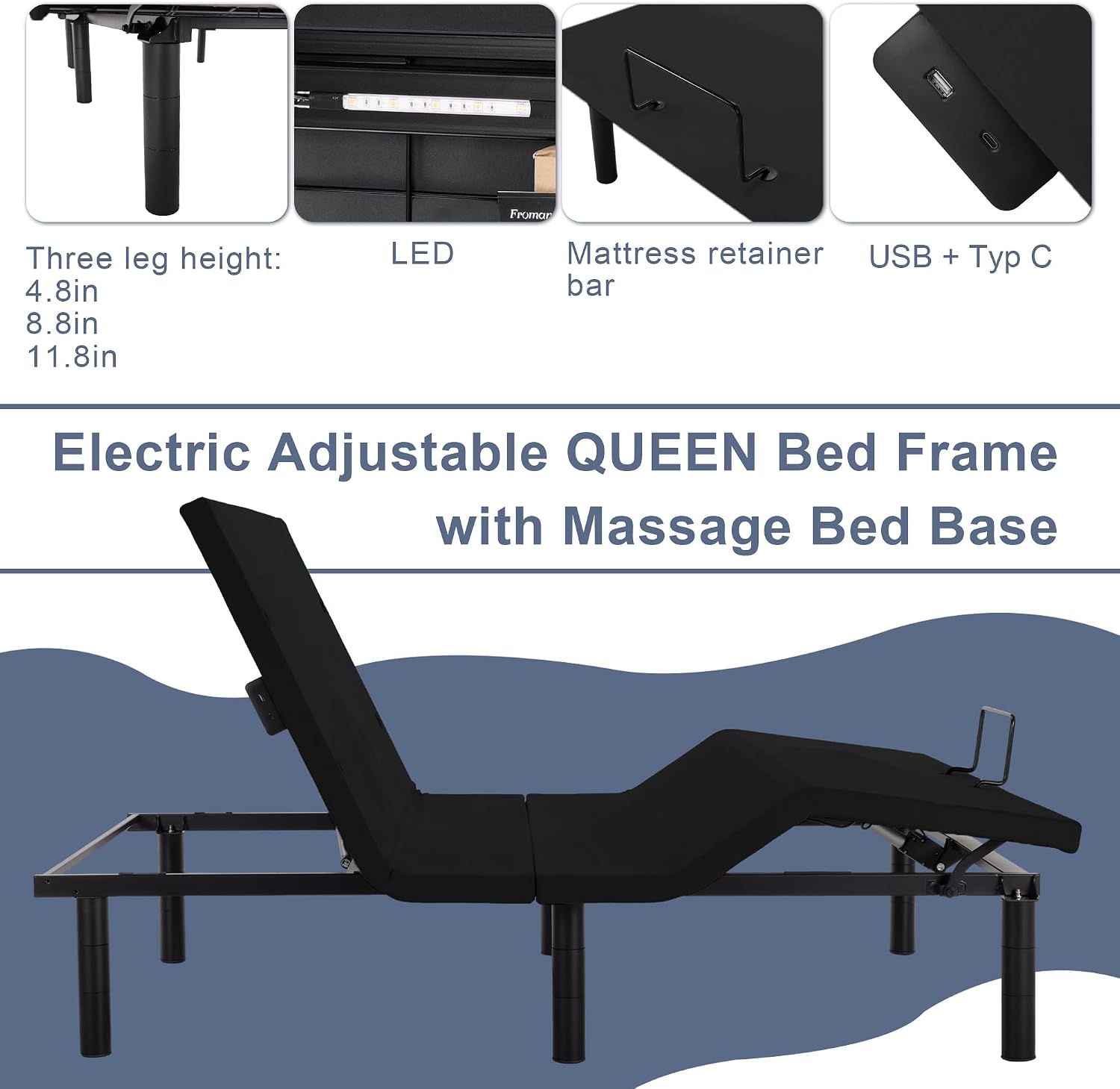 Fromann Adjustable Electric Twin XL Bed Base Frame with Massage, USB Type-C Ports, Zero Gravity, Under Bed Led Lighting and Three Leg Height (Black)