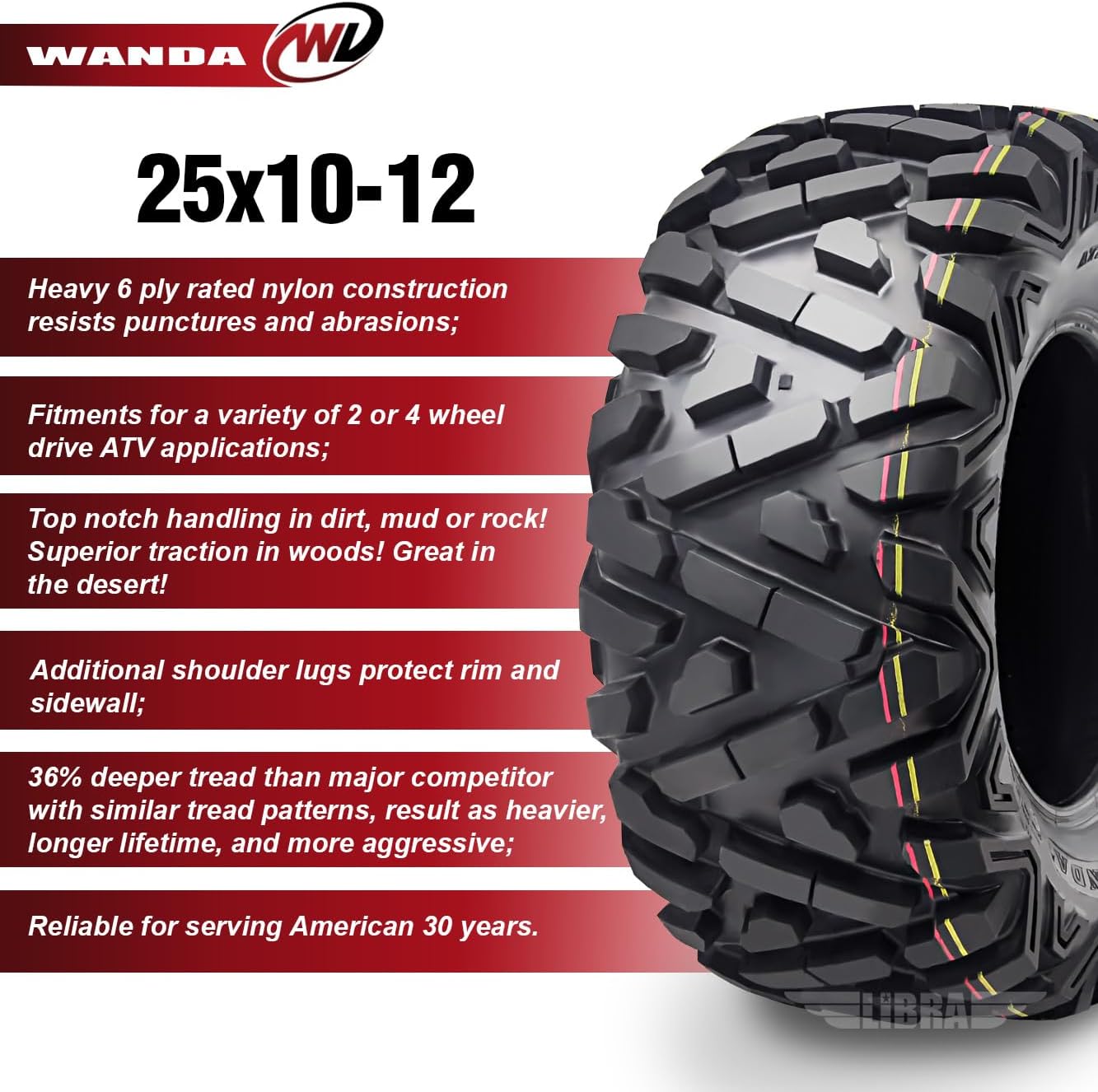 WANDA Set 2 ATV UTV Tire AT 25x10-12 25x10x12 6PR Power-Trail 10165 | POWER-TRAIL Series Classic Solid Non-Direction Lugs Cover All Terrains