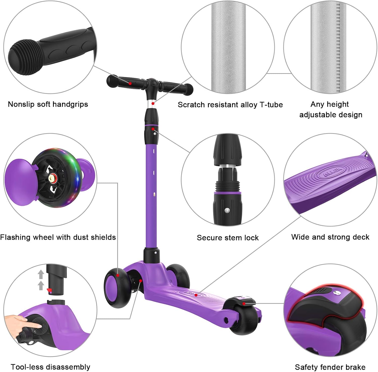 Allek Kick Scooter B03, Lean 'N Glide 3-Wheeled Push Scooter with Extra Wide PU Light-Up Wheels