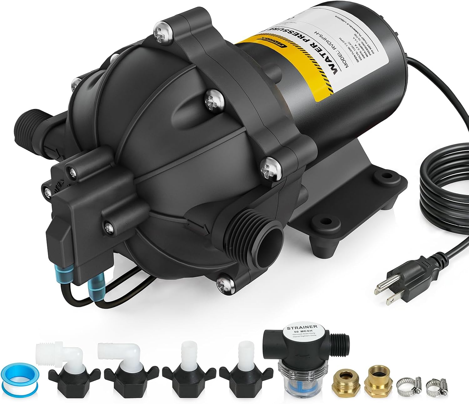 12V RV Water Pump, 5.0 GPM 55 PSI Diaphragm Pump, 20Volt Quiet Fresh Water Pump with Pressure Switch, Self Priming Pressure Pumps for RV Camper Boat Marine Food Truck, Dark Grey