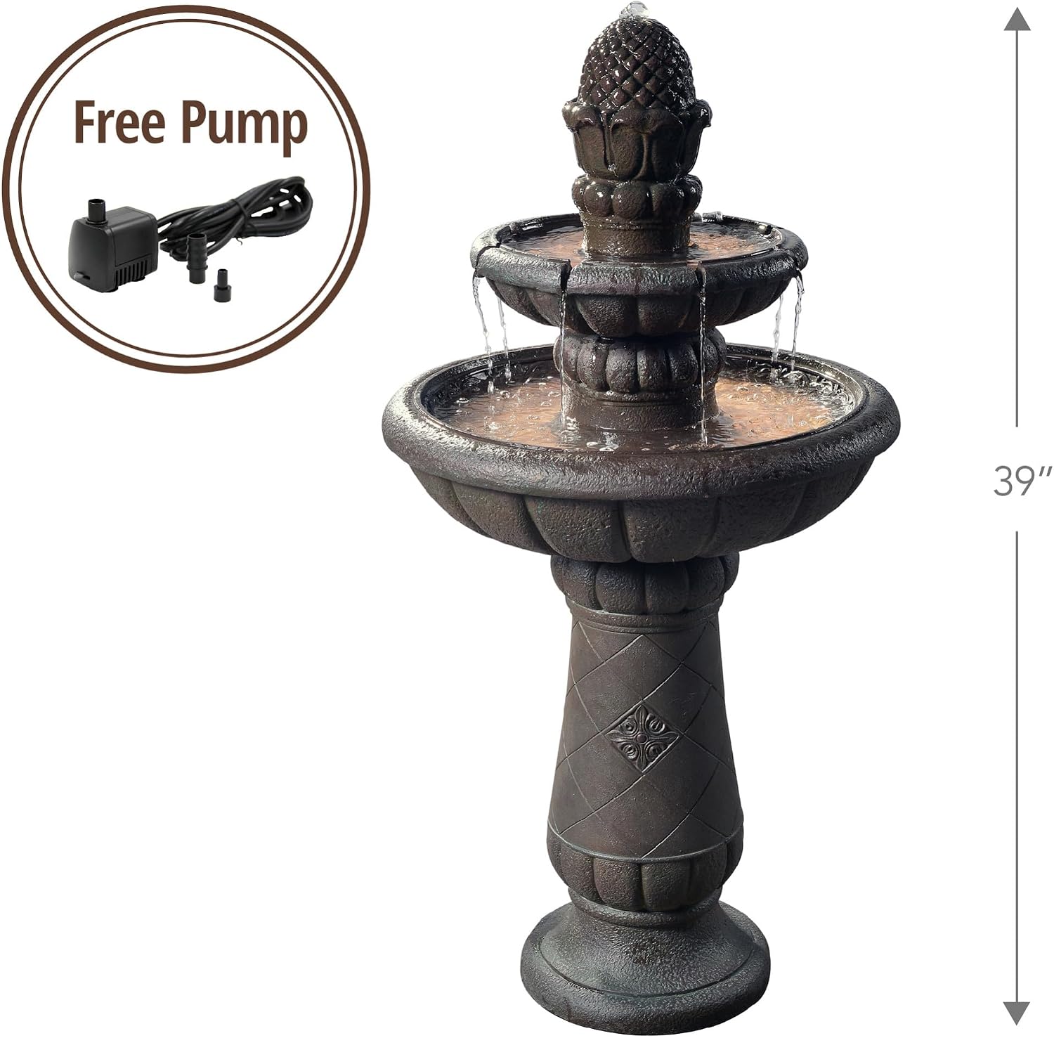 Teamson Home Deluxe Pineapple Pedestal 2 Tiered Floor Waterfall Fountain with Pump for Outdoor Patio Garden Backyard Decking, 39 Inch Height