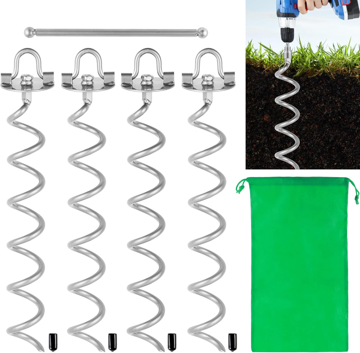 MIXXIDEA 11.4 Inch Gound Anchors Screw in, Metal Spiral Earth Anchors Kit, Heavy Duty Folding Ring Spiral Stake, Silver Ground Stakes for Tent