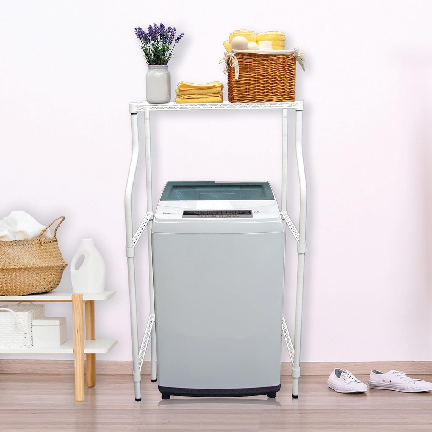 Magic Chef Compact Home Laundry Stand with Upper Dryer Shelf, White | Compact Laundry Stand, White Powder Coated Metal