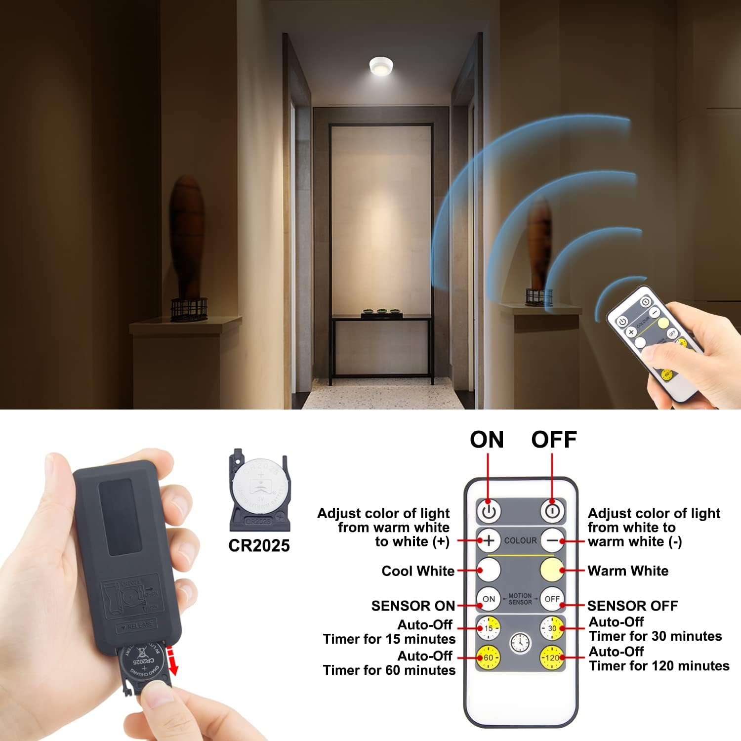 BIGMONAT Wireless Ceiling Light with Remote and Timer, Dimmable Motion Sensor Shower Light