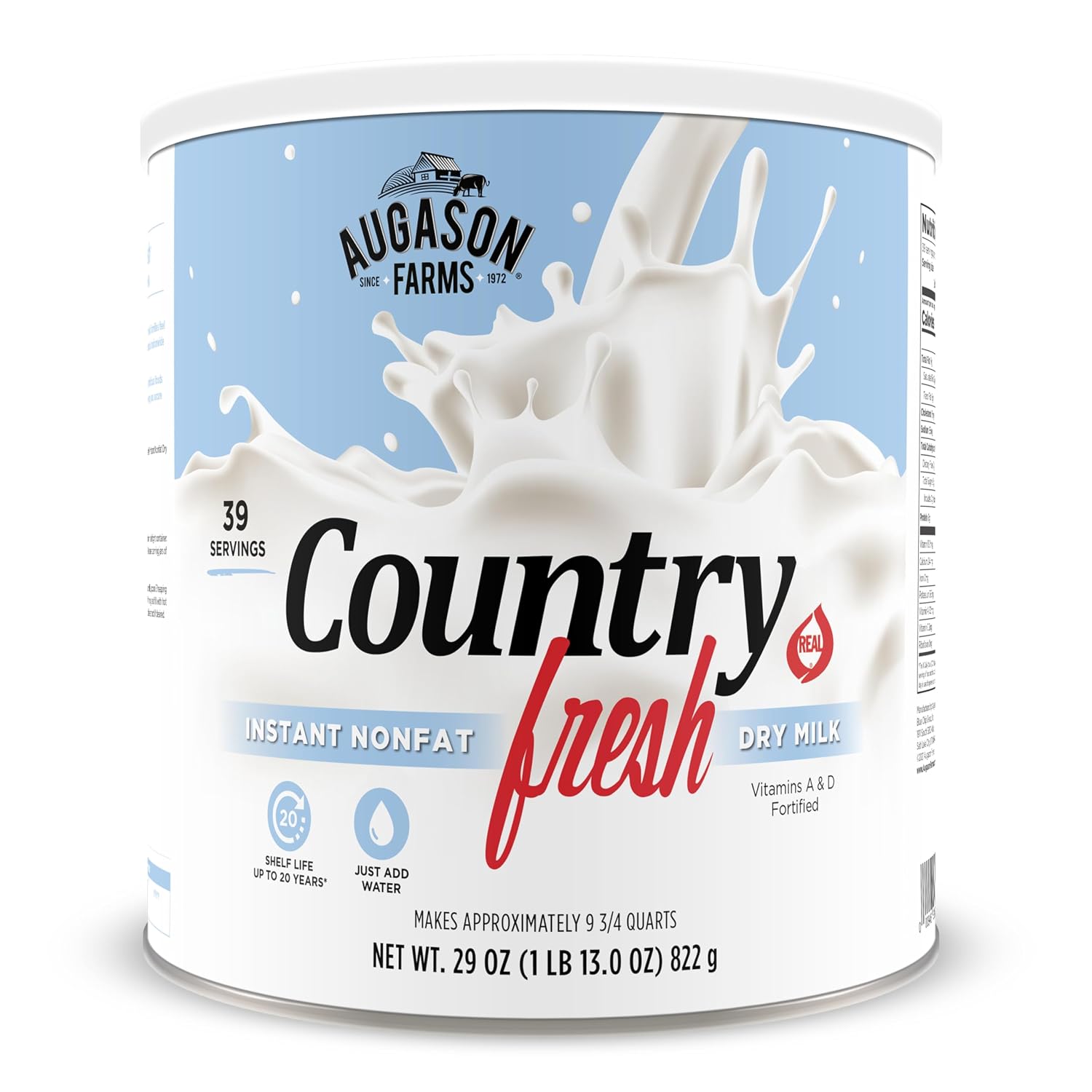 Augason Farms Country Fresh Instant Nonfat Dry Milk Powder | 39 Servings, 20 Year Shelf Life, Gluten Free