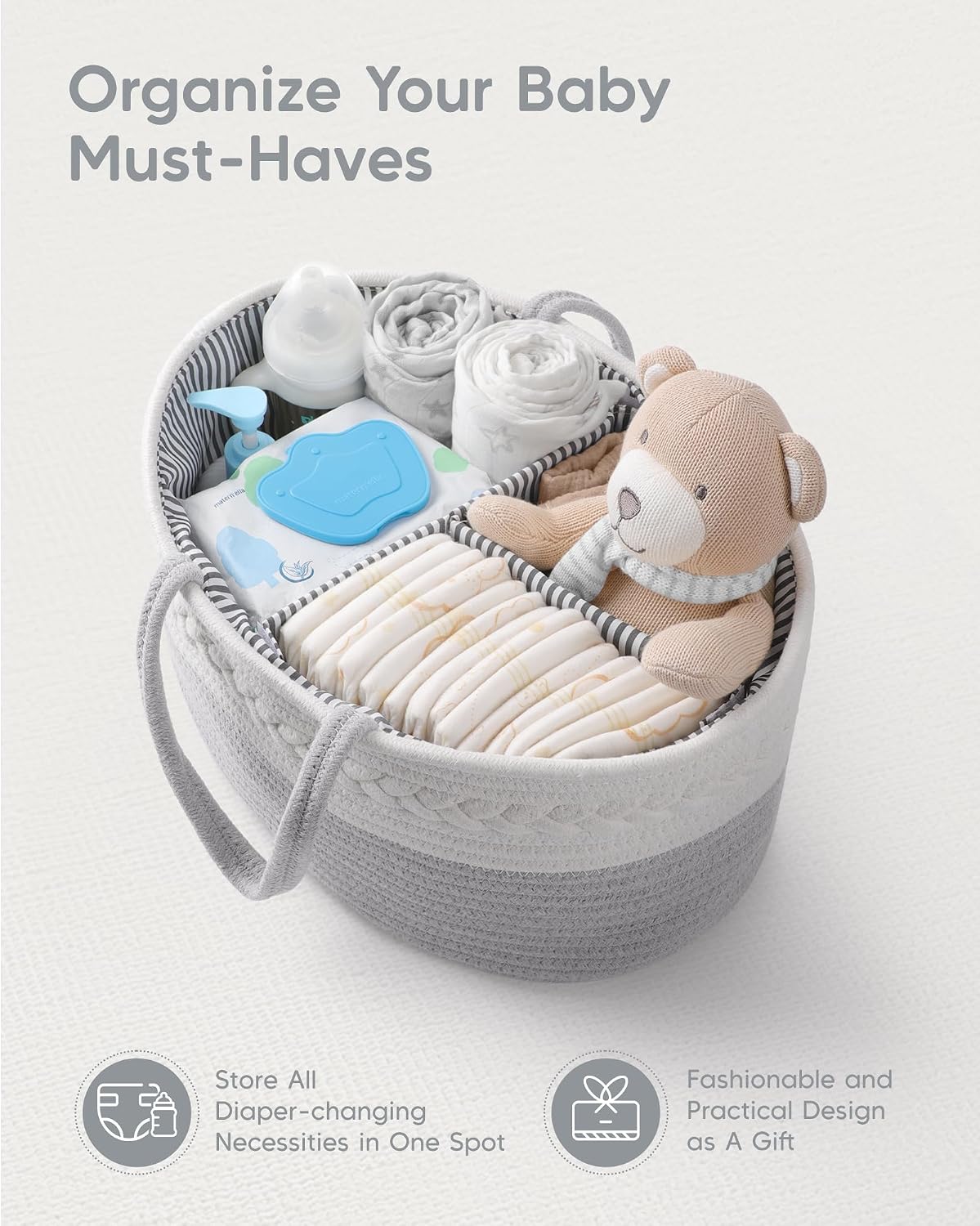 Maliton Diaper Caddy Organizer for Baby, Cotton Rope Baby Gift Basket, Portable Diaper Organizer for changing table, Nursery Storage Organizer