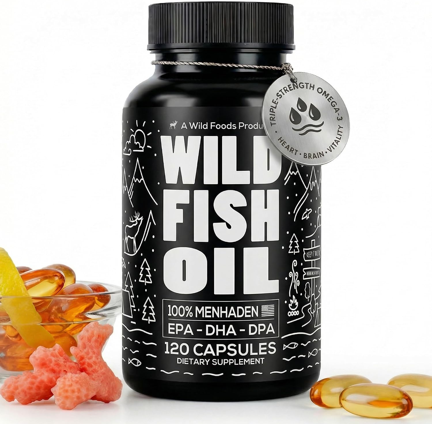 Wild Foods Fish Oil Omega 3 Supplements, 1600mg EPA DHA DPA, 60 Capsules | Burpless, Odorless, Non-GMO, Gluten Free, Supports Brain, Heart & Joint Health, 30 Servings, 1 Pack, Worldwide Sourced