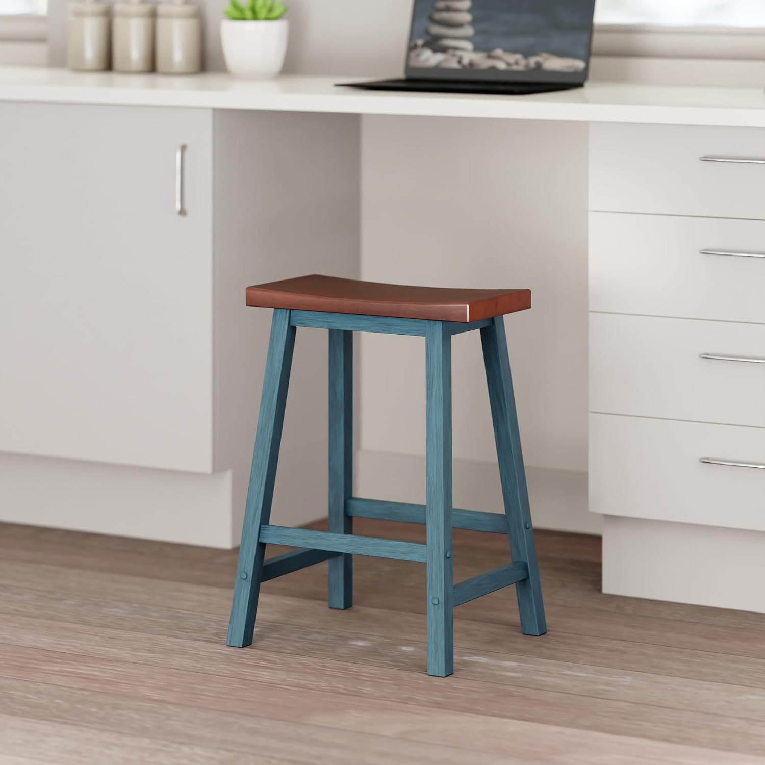 Winsome Satori Saddle Seat Counter Stool, Walnut, 24" | Classic Backless Bar Chairs for Kitchen & Dining Room Seating, Timeless Essential Furniture for Home, Dorm, Apartments