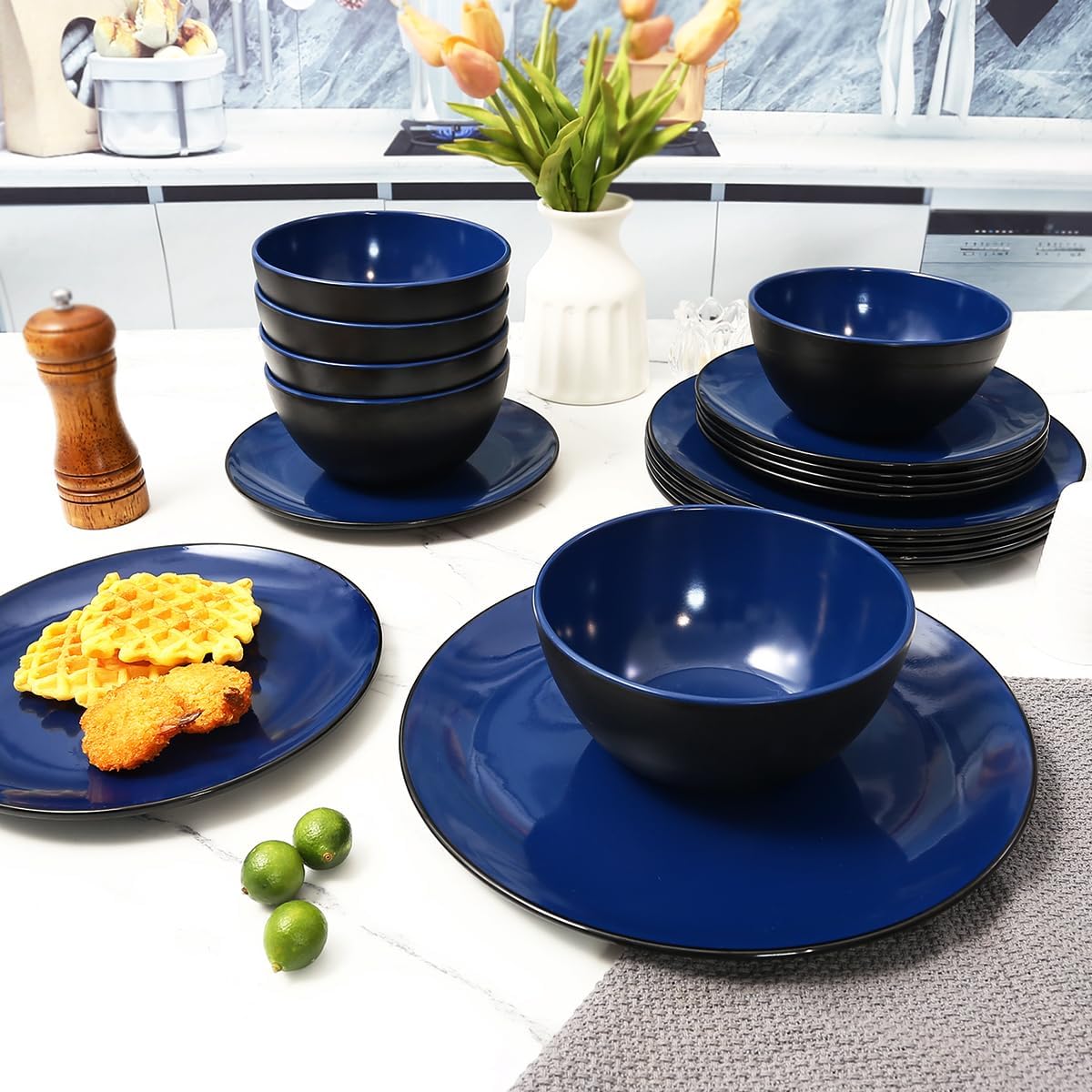 TP 18-Piece Dinnerware Set, Melamine Dishes Set with Bowls and Plates, Service for 6, Non-breakable Lightweight Dining Tableware, Teal