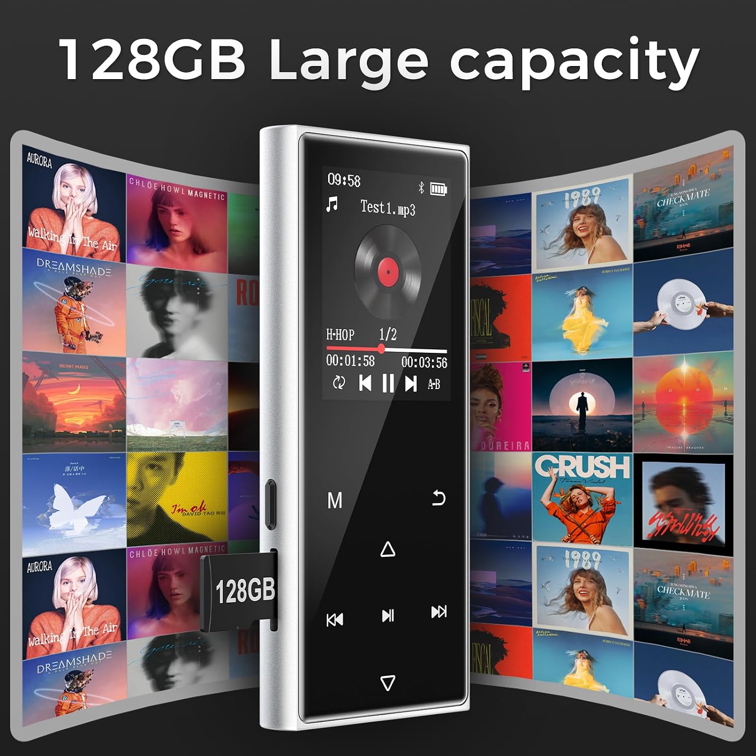 128GB MP3 Player with Bluetooth 5.4, AGXOV Music Player with Built-in HD Speaker, FM Radio, Voice Recorder, HiFi Sound, E-Book, Earphones Included