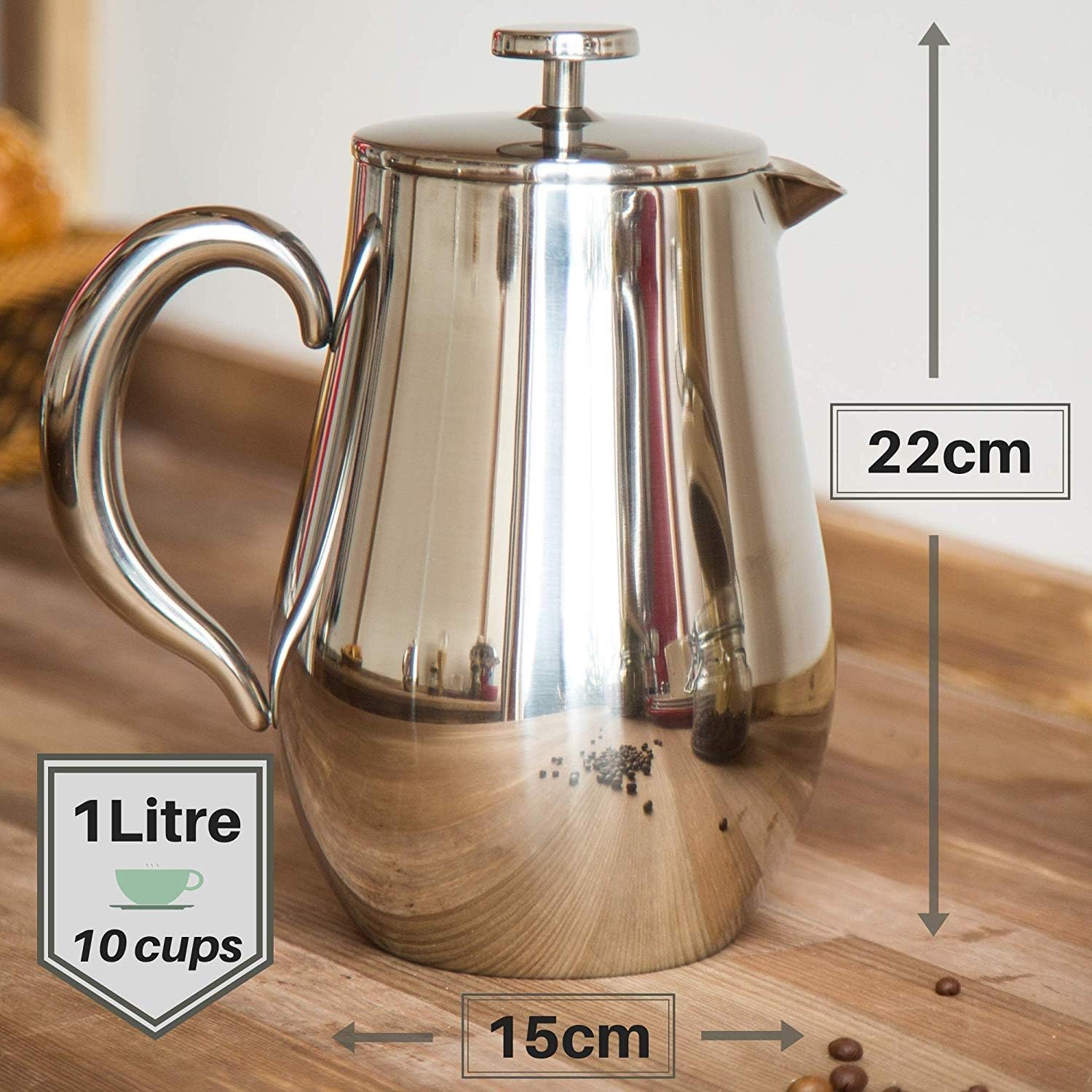 VeoHome - 0.75 litre plunger - Unbreakable and keeps the coffee hot for a long time thanks to its double stainless steel shell