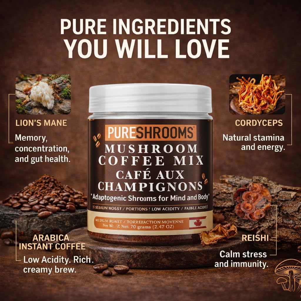 PureShrooms Mind & Body Mushroom Coffee - Instant Colombian Arabica with Organic Lion’s Mane, Reishi & Cordyceps - Low Acidity Nootropic Superfood Beverage for Focus & Vitality, 35 Servings/70g