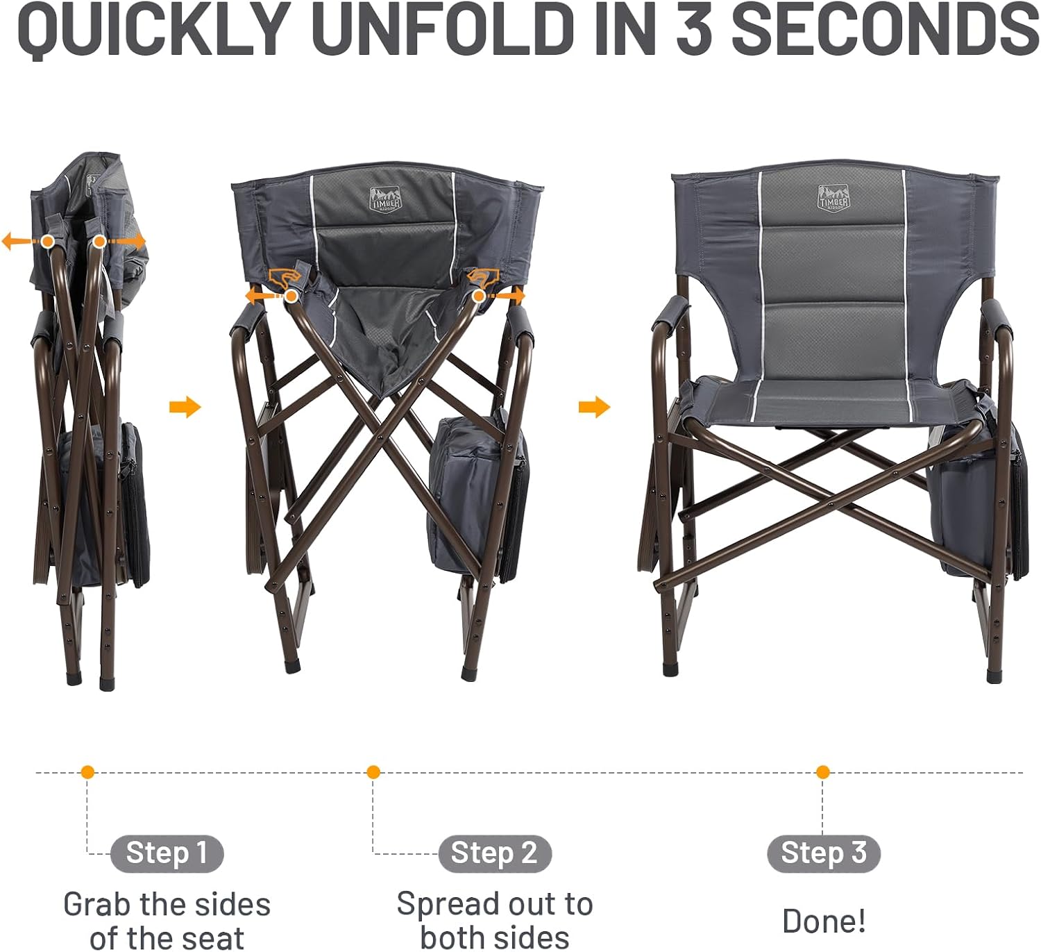 TIMBER RIDGE Lightweight Camping Chair, Portable Laurel Director's Chair with Foldable Side Table, Cooler Bag & Mesh Pocket, Compact Outdoor Folding Lawn Chair, Supports 300lbs, Grey