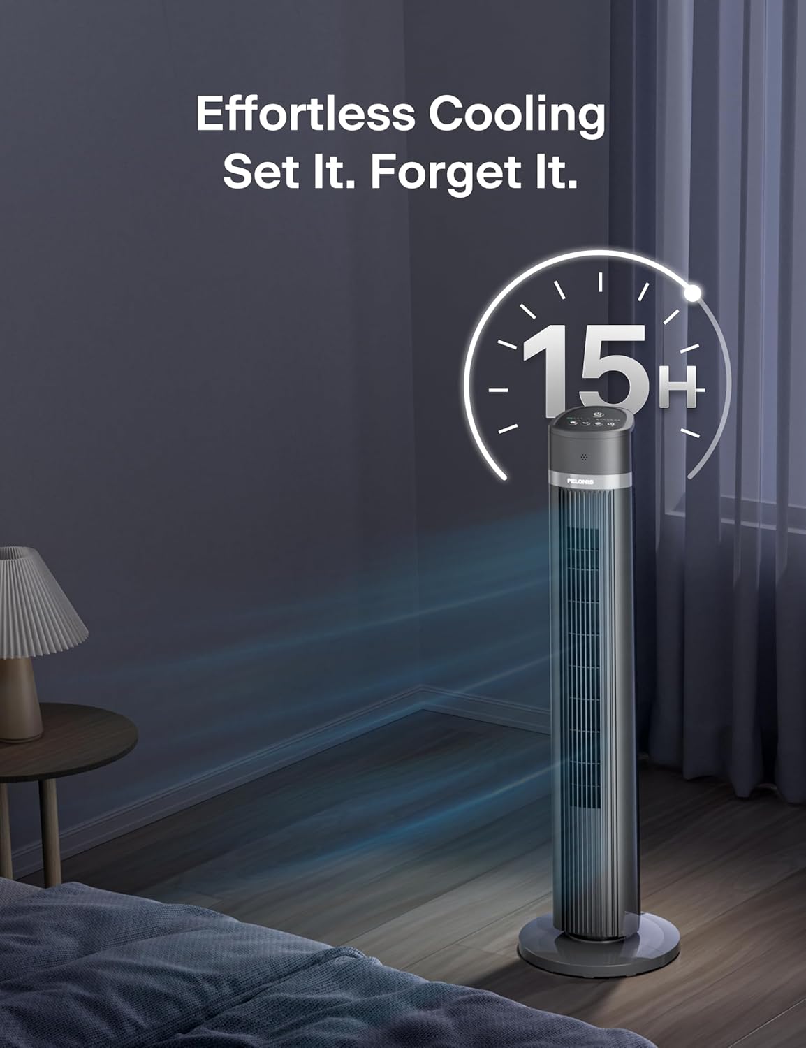 PELONIS 40-inch Bladeless Tower Fan for Bedroom, Standing Fan with Remote Control, 26ft/s, 90° Oscillation, 3 Speed Settings, 27 dB, 3 Modes
