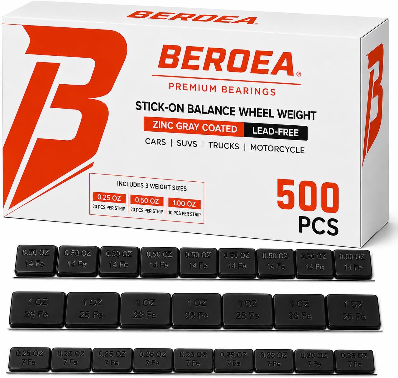 OCTOPUS BEROEA 500Pcs Zinc Black Coated Stick-On Balance Wheel Weight Lead-Free Cars SUVs Trucks Motorcycle Wheel Balancers w/Wider and 3M Tape 1oz