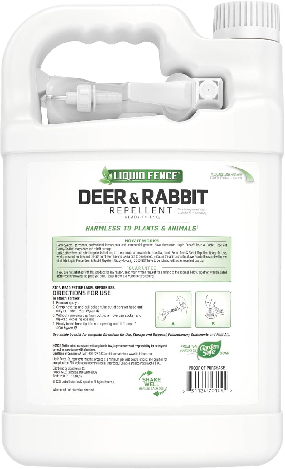 Liquid Fence Deer and Rabbit Repellent Ready-to-Use Spray, 1 Gallon | Use to Treat on Gardens, Flowers, Shrubs, Trees & Vines, Covers up to 2,000 Sq. Ft., Harmless to Plants & Animals