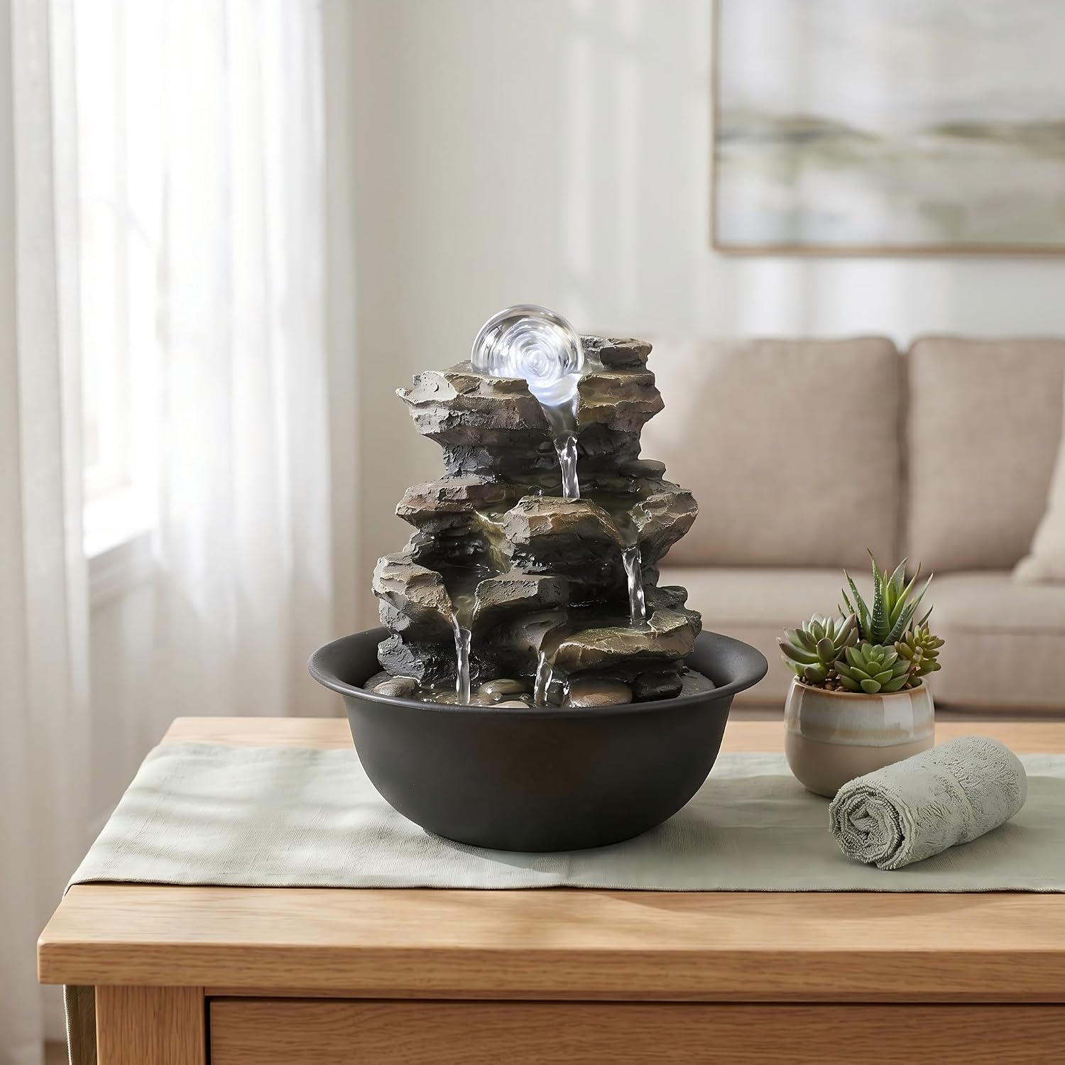 Rockery Indoor Water Fountain, Zen Meditation Tabletop Fountain with LED Lights & Crystal Ball for Home Office Bedroom 9 4/5"