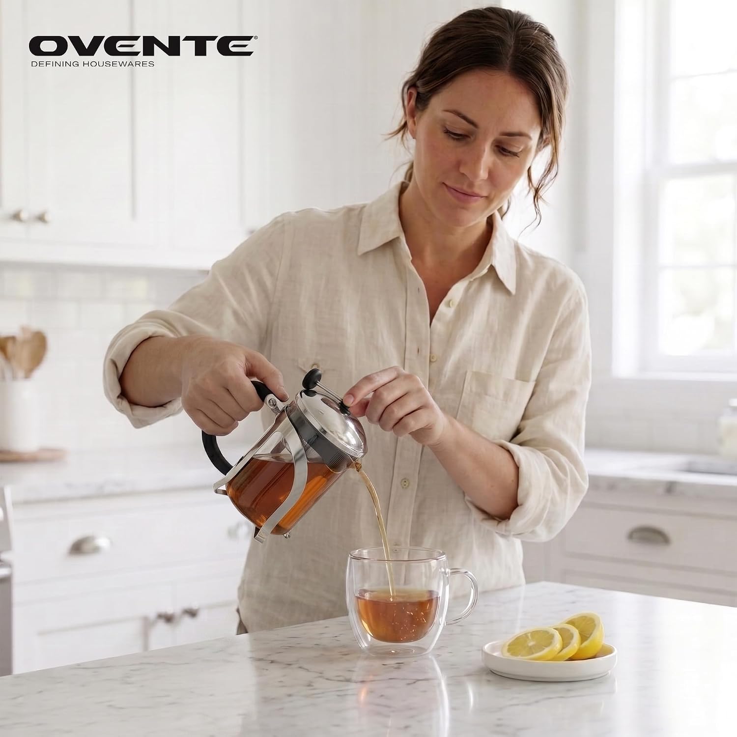 OVENTE French Press Coffee Maker, 34oz BPA-Free Cold Brewer, Clear FGC34T | Heat Resistant Borosilicate Glass, 4-Level Filter System, Stainless Steel Plunger, Cafetera Tea Pot for Kitchen Travel Gifts