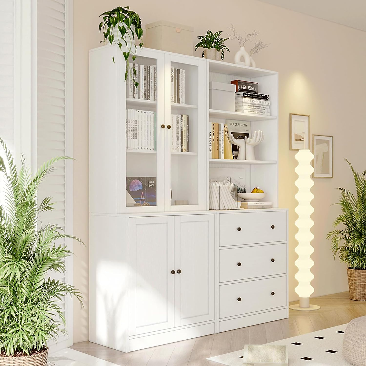TUSY 71" H Bookcase with Storage | 6-Tier Modern Bookshelf with Drawers, Display Bookcase with Glass Doors, White Curio Cabinet for Home Office, Living Room