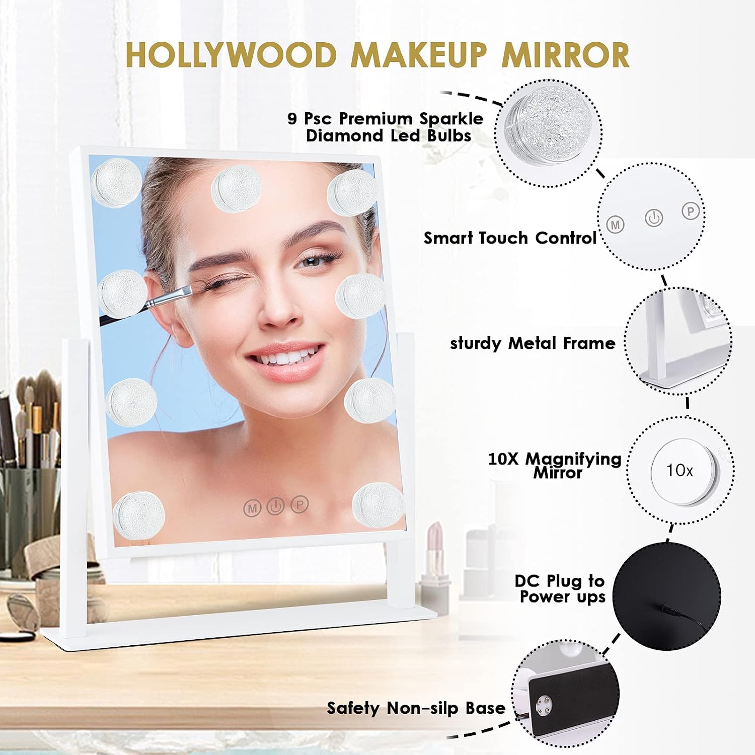 BWLLNI Lighted Makeup Mirror, White Vanity Mirror with Lights,9 LED Bulbs