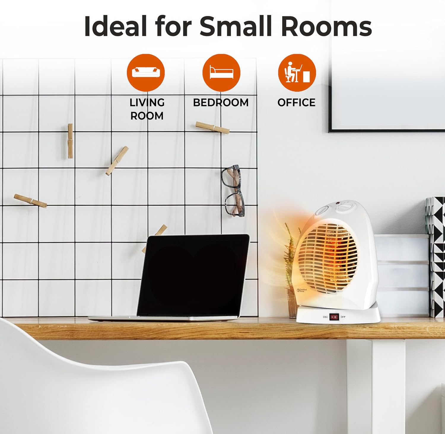 Comfort Zone CZ50 750/1500-Watt Fan-Forced Oscillating Electric Portable Heater with Adjustable Thermostat, Built-in Overheat Sensor, Safety Tip-Over Switch, and Heat Resistant Housing, White