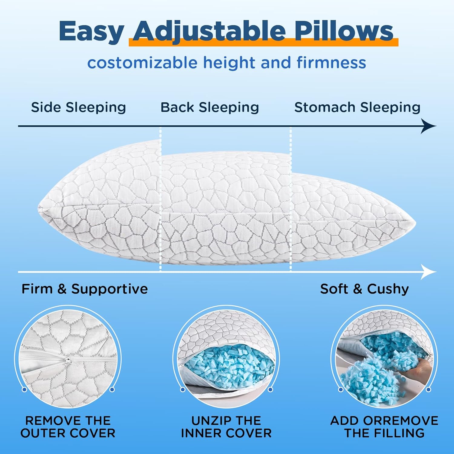 SUPA MODERN Cooling Pillow Queen Size Set of 2, CertiPUR-US Shredded Memory Foam Pillows for Sleeping, Cool Bed Pillows for Hot Sleepers, Adjustable Firm Pillow for Side,Back,Stomach Sleepers