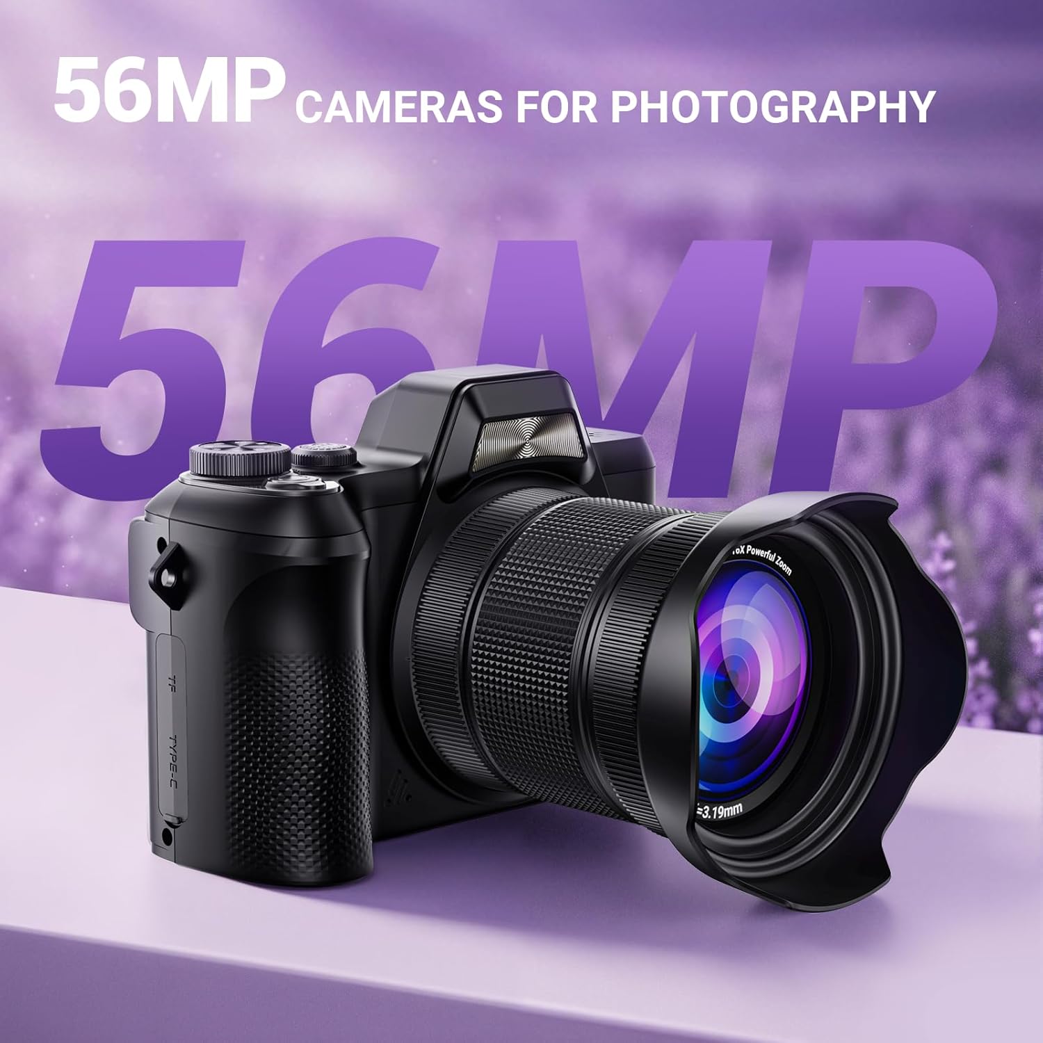 4K Digital Camera for Photography, 56MP Autofocus Vlogging Camera for YouTube Travel, 3" 180°Flip Screen & Lens Hood 16X Zoom