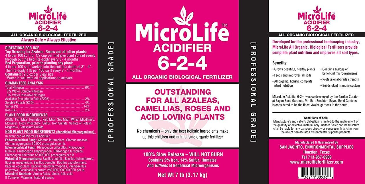 MicroLife Acidifier (6-2-4) Professional Grade Granular Organic Fertilizer (for Acid Loving Plants) Roses Blueberries Azaleas Camellias, 7 LBS