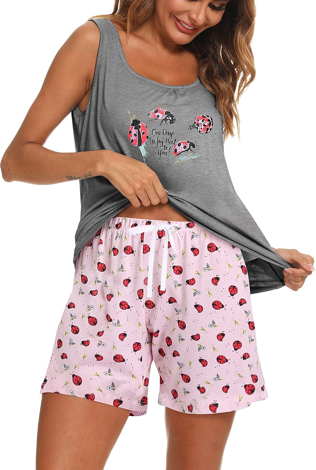 ENJOYNIGHT Womens Pajama Set Cotton Summer Sleep Tank and Shorts Pjs