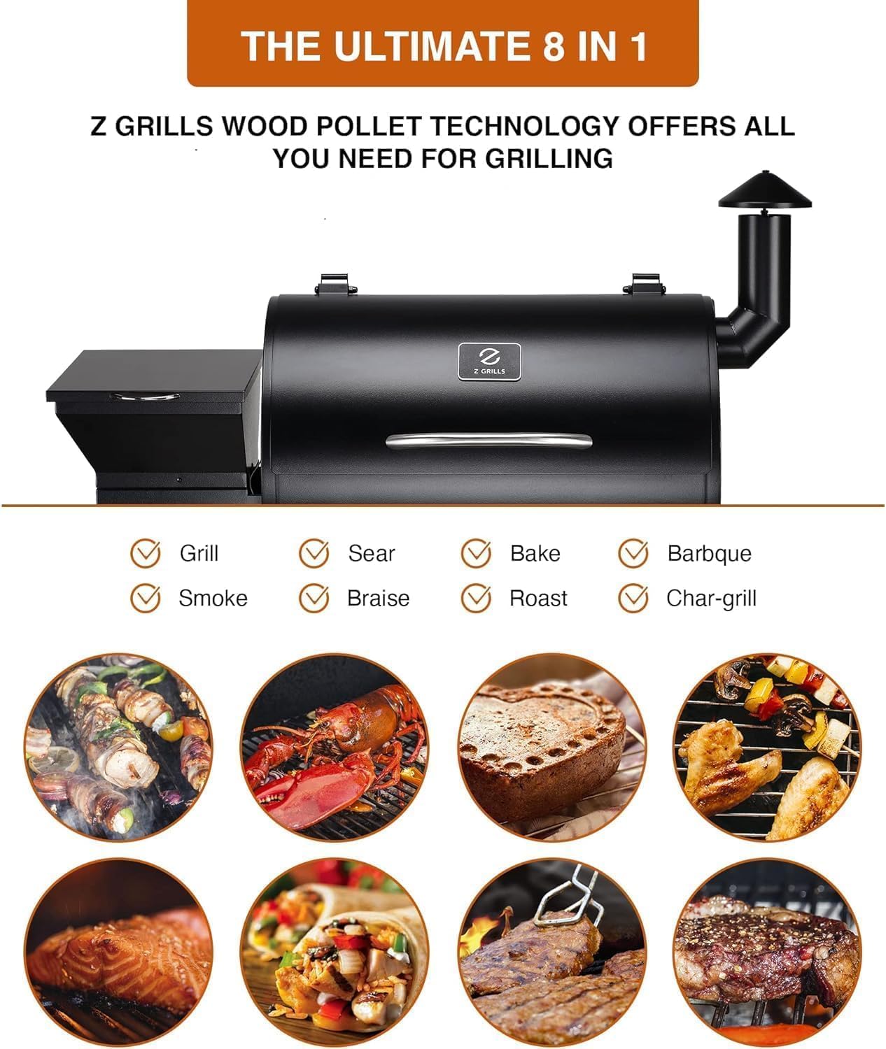 Z GRILLS Wood Pellet Smoker Grill, 8 in 1 BBQ Grill with Auto Temperature Control, 697 sq in Cooking Area for Backyard, Patio and Outdoor Cooking, 7002E, Sliver