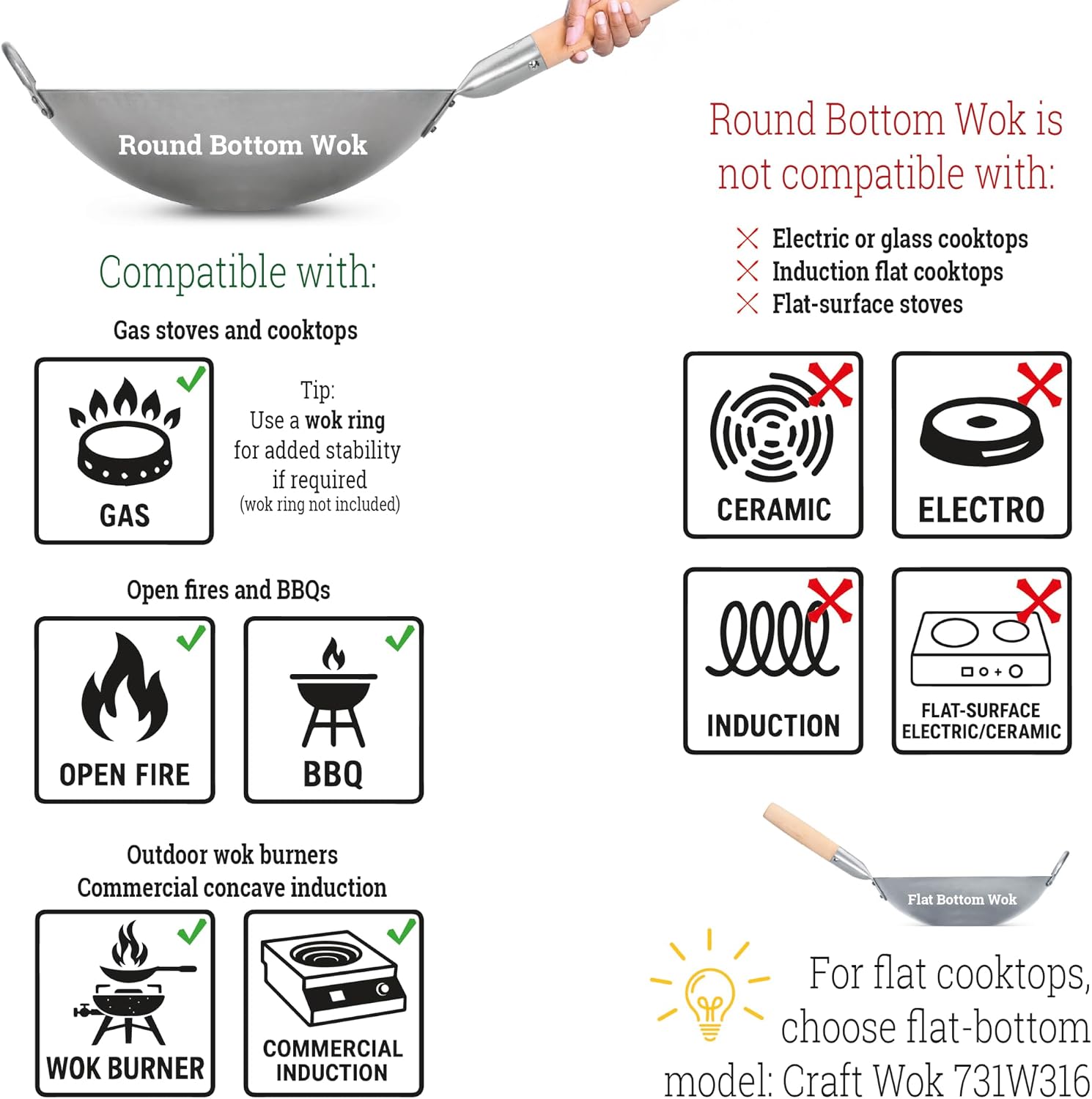 Craft Wok Traditional Hand Hammered Chinese Carbon Steel Wok with Wooden and Steel Helper Handle (14 Inch, Round Bottom Pow Wok Pan) / 731W88