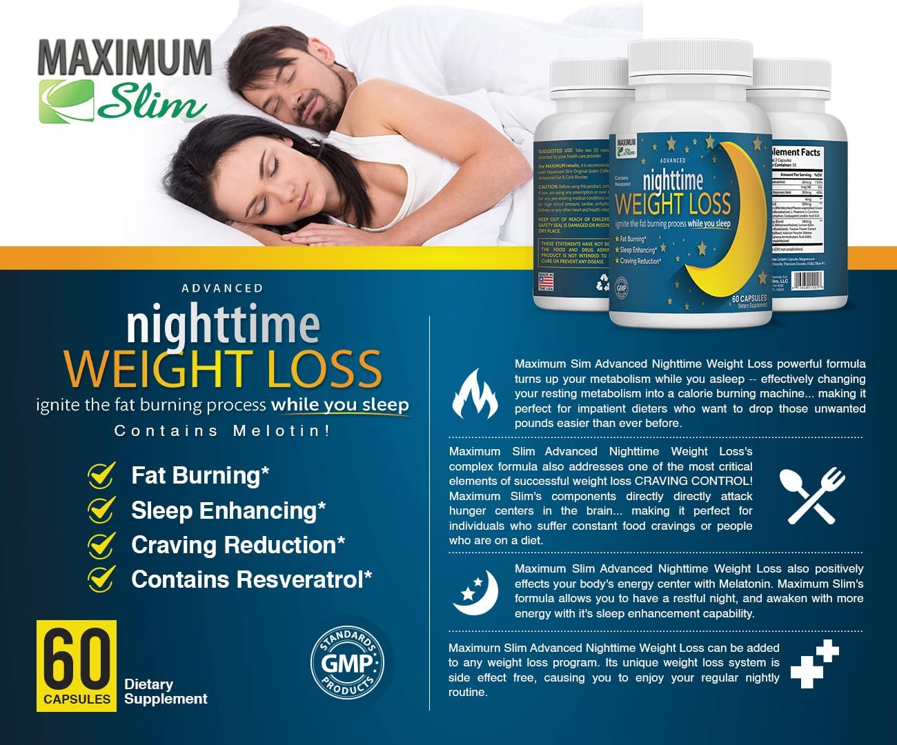 Maximum Slim Nighttime Weight Support – Gentle Fat Burning & Sleep Aid – African Mango, Resveratrol & Green Tea – Non-GMO, Vegan, 60 Capsules