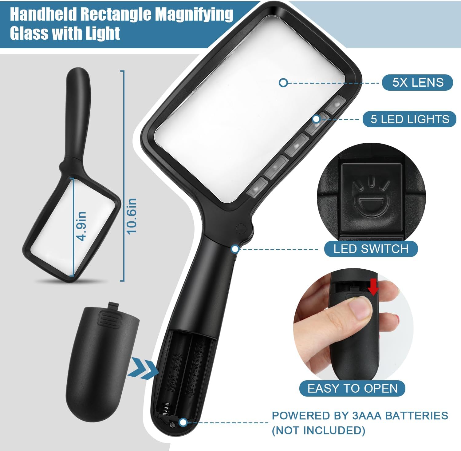 Folding Handheld Magnifying Glass with Light, 5X Large Rectangle Reading Magnifier with Dimmable LED for Seniors with Macular Degeneration, Newspaper