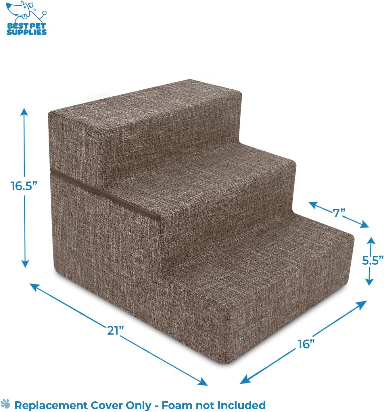 Best Pet Supplies Non-Slip Foam Dog Stair & Pet Ramp, Balanced Indoor Step Support - Foldable Stair, Ash Gray Linen,3-Step