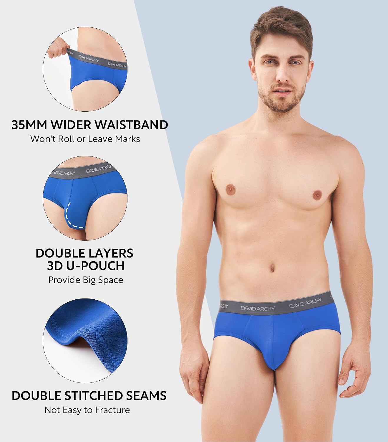 DAVID ARCHY Men's Breathable Support Pouch Underwear Briefs 4 or 7 Pack | Cooling moisture-wicking no-fly Rayon made from bamboo features anti-roll elastic waistbands and vibrant fade resistance.