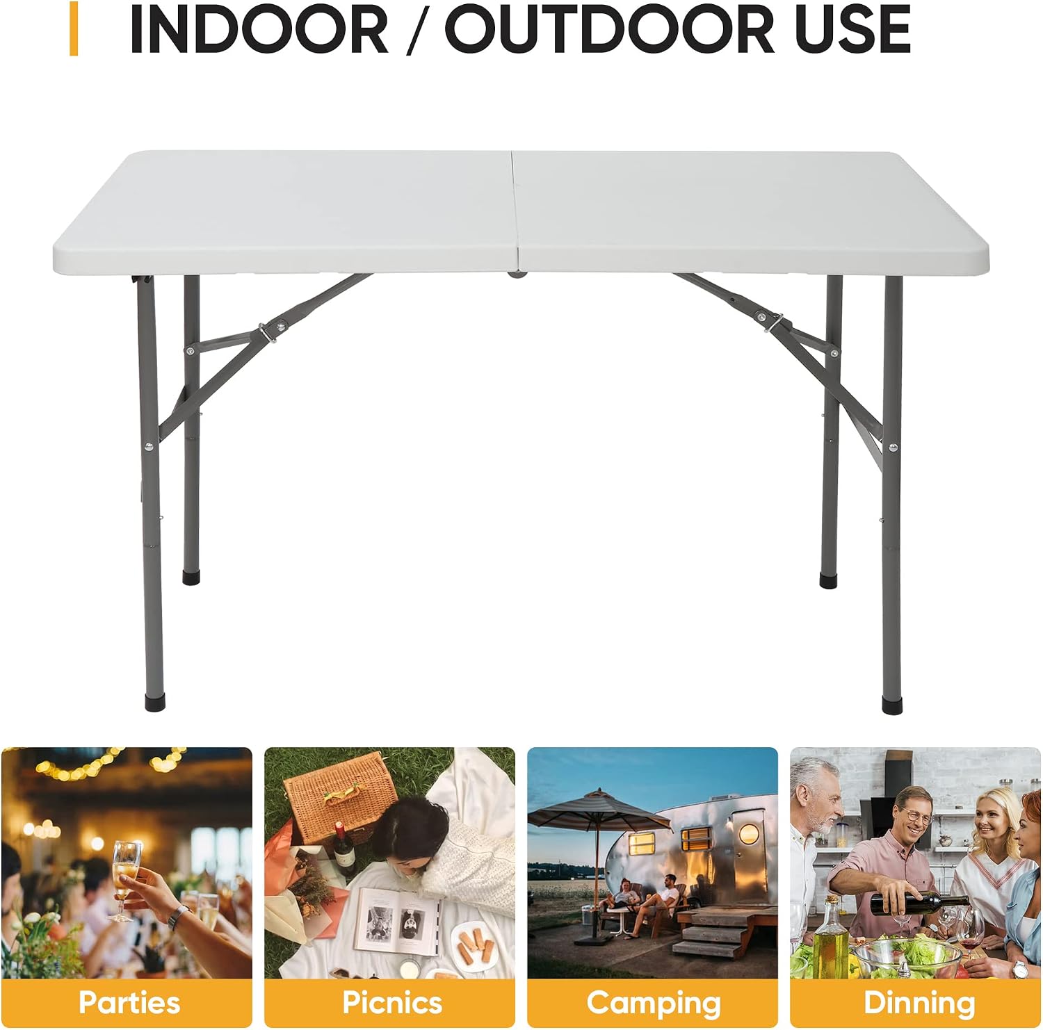 SUPER DEAL 6FT Folding Table for Indoor Outdoor, Portable Heavy Duty Fold-in-Half Plastic Dining Picnic Party Camping Table with Carrying Handle
