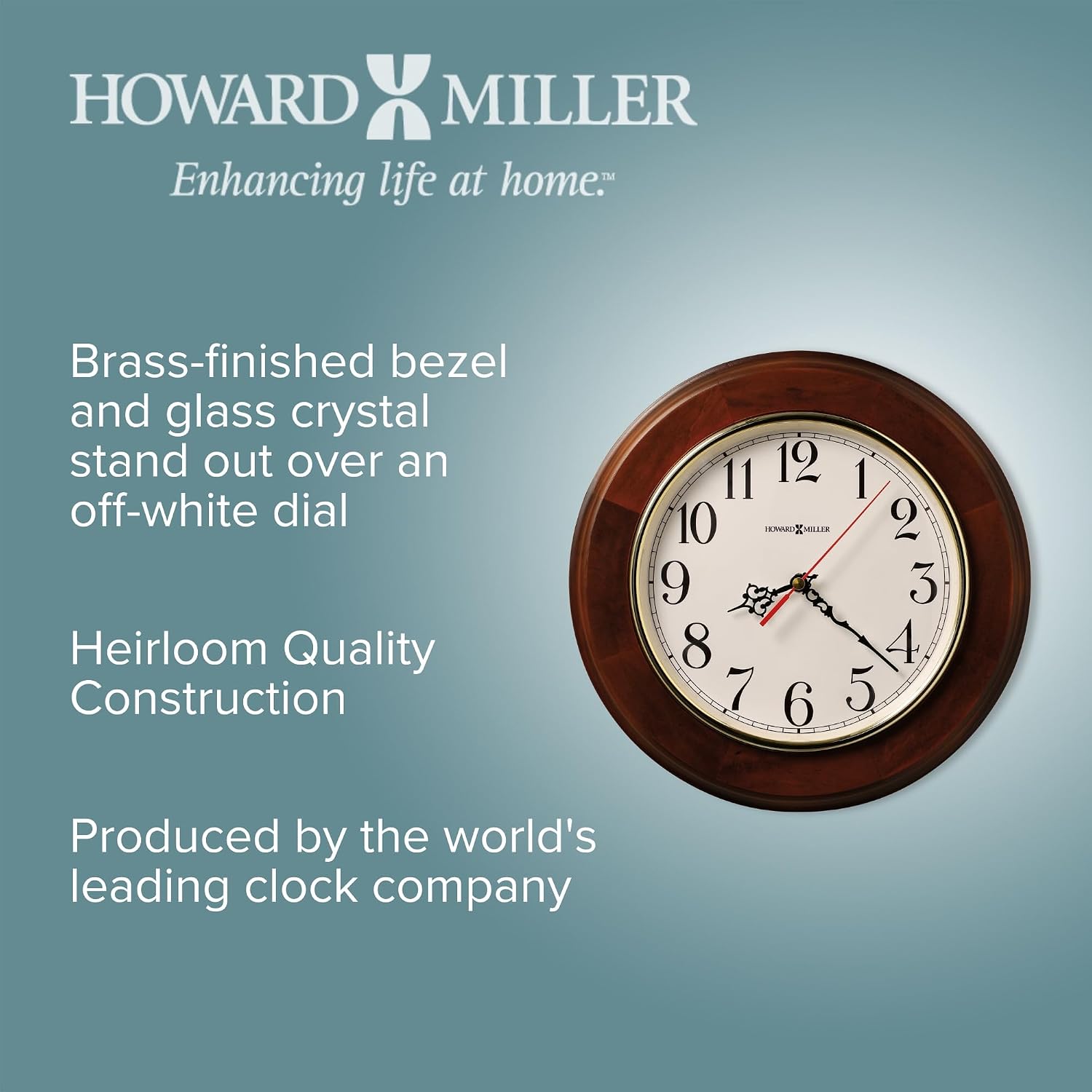 Howard Miller Brentwood Wall Clock – Wood Finish, Brass Bezel, Silent Quartz Movement, Round, Battery Operated, Home or Office Decor