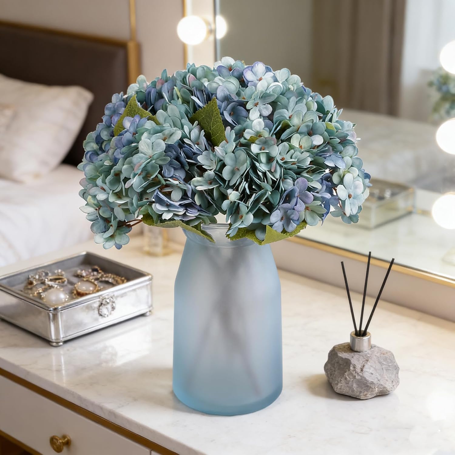 Kimura's Cabin 6pcs Silk Hydrangeas Artificial Flowers,Deep Lake Blue