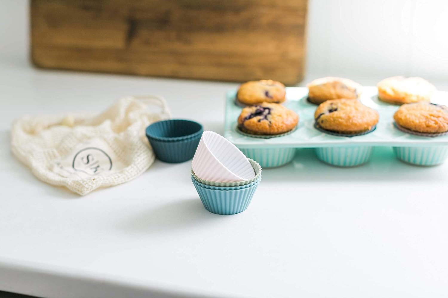 The Silicone Kitchen Reusable JUMBO Silicone Baking Cup, Non-Toxic, BPA Free, Dishwasher Safe, Jumbo, 12 Pack, White Blue Green
