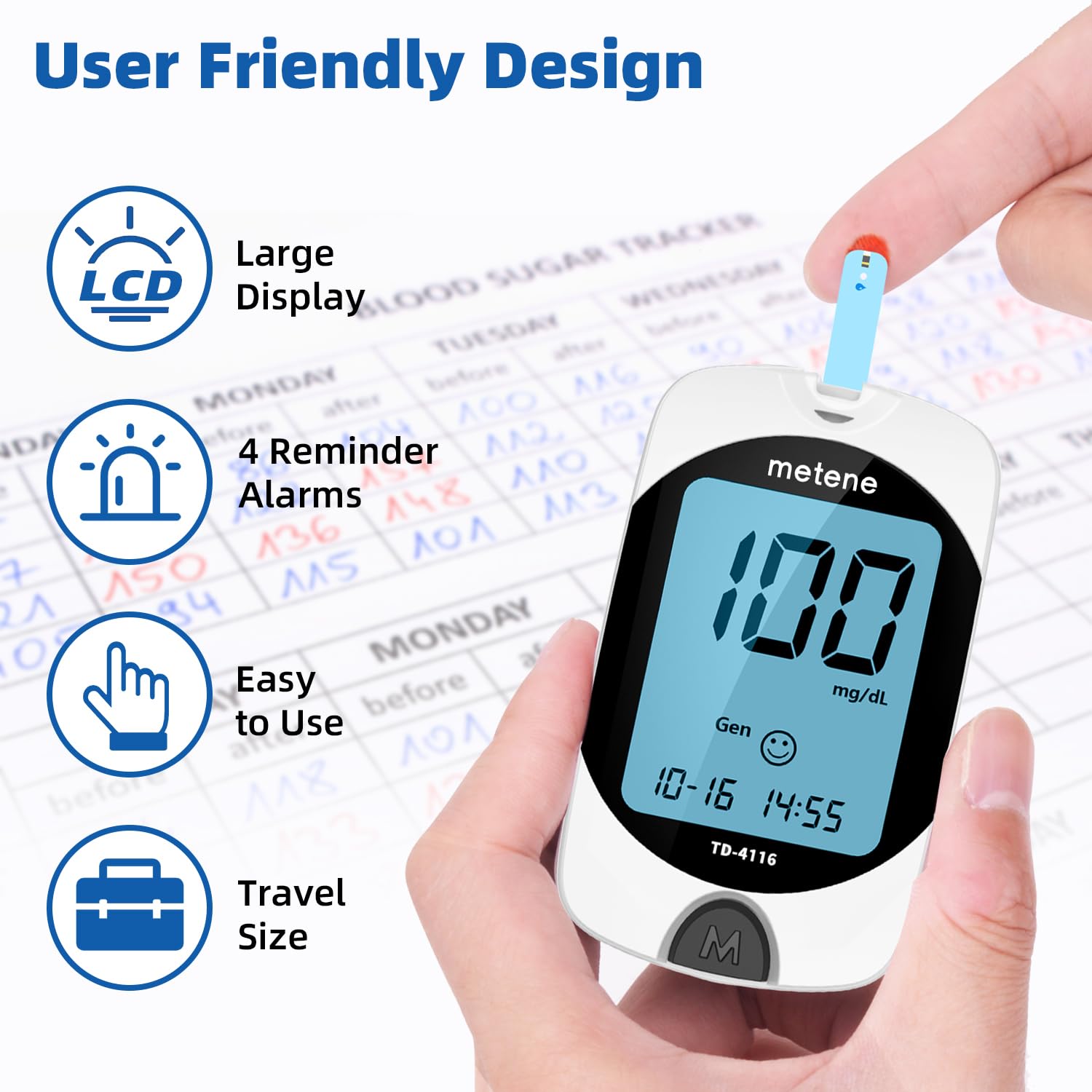 Metene TD-4116 Blood Glucose Monitor Kit, 100 Glucometer Strips, No Coding