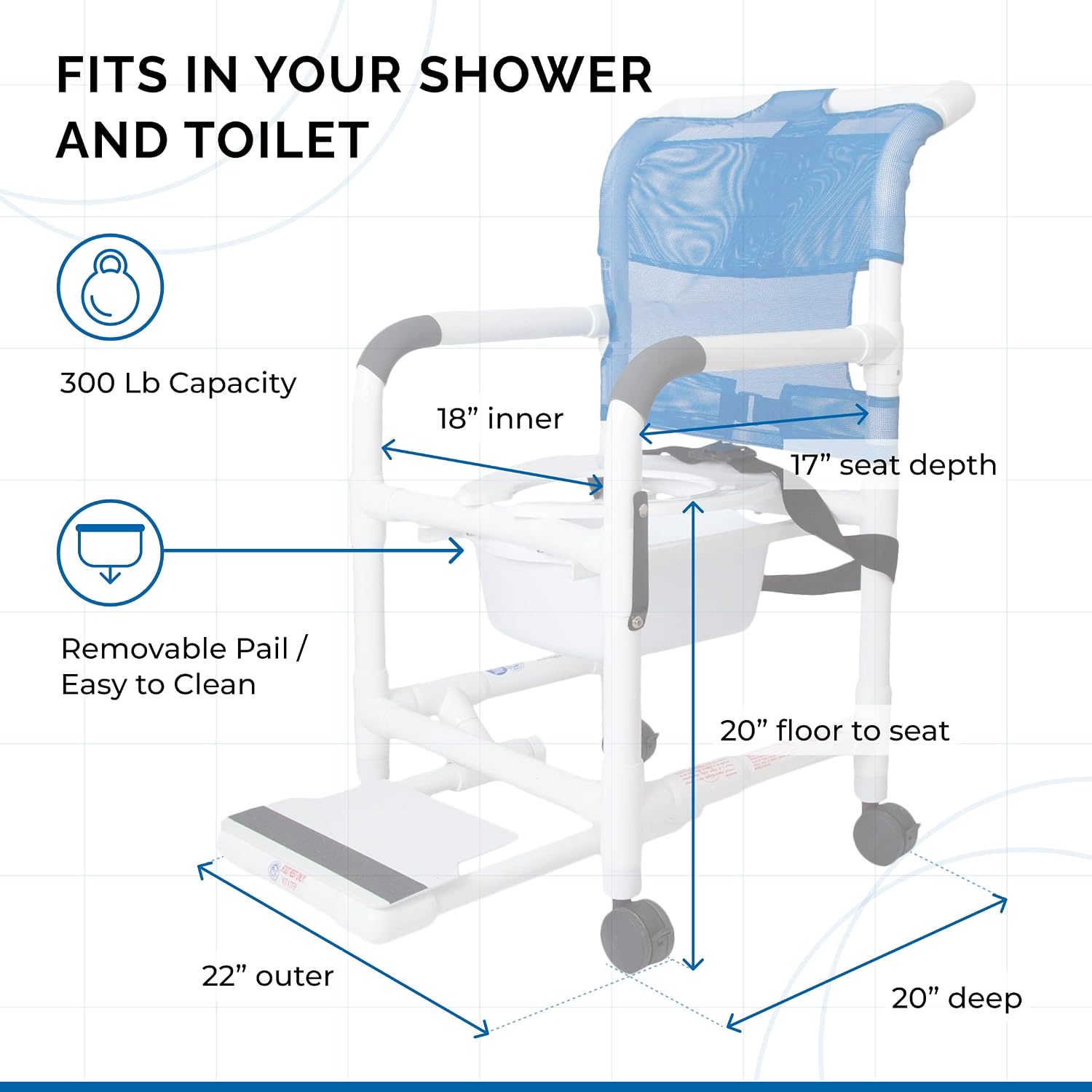 Rolling Shower Chair with Wheels & Drop Arms, Mesh Seat, 4 Locking Casters, Seat Belt, Sliding Footrest, Commode Pail – Fits Over Toilet
