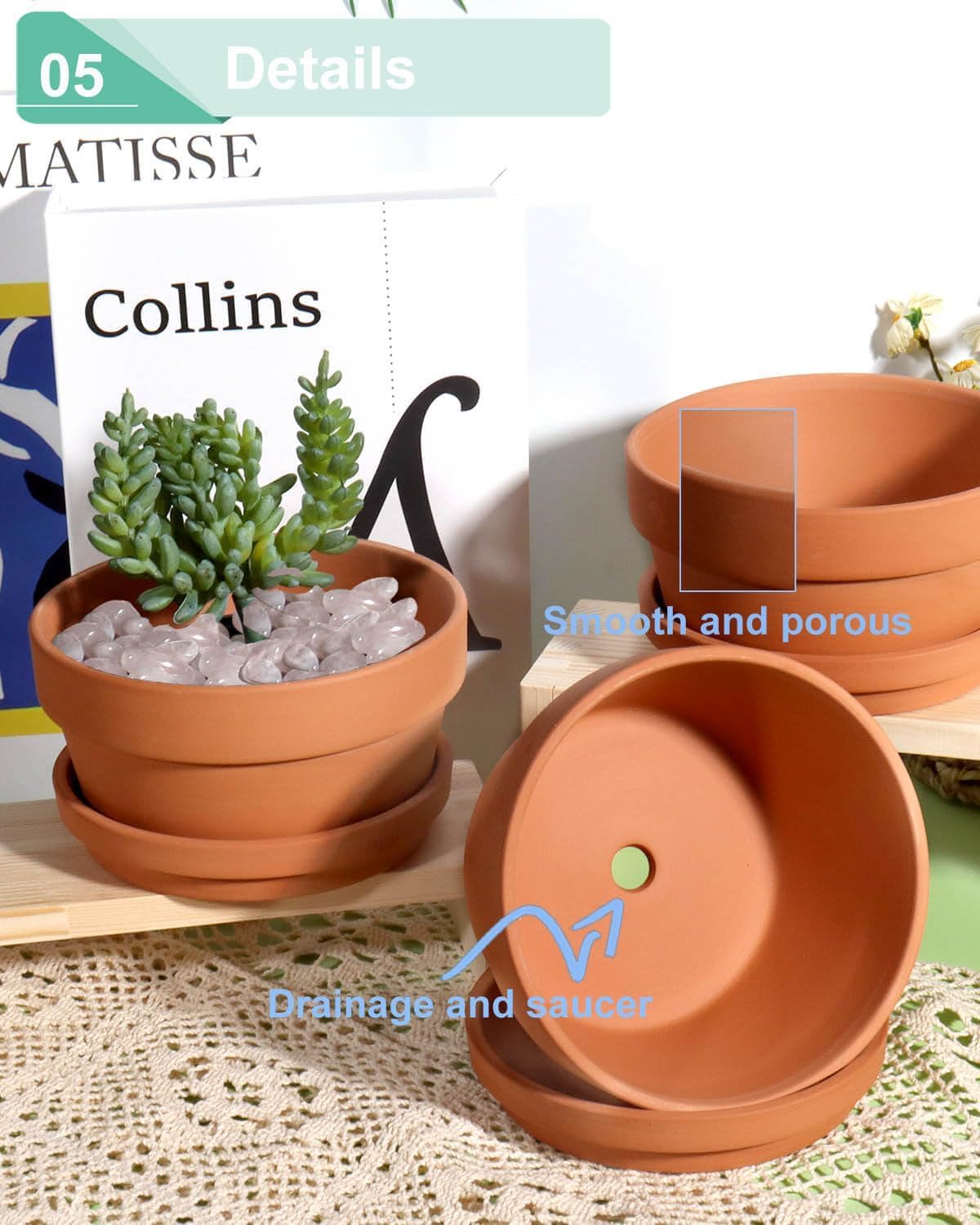 vensovo 3.7 Inch Terracotta Shallow Succulent Pots with Saucers, 6 Pack