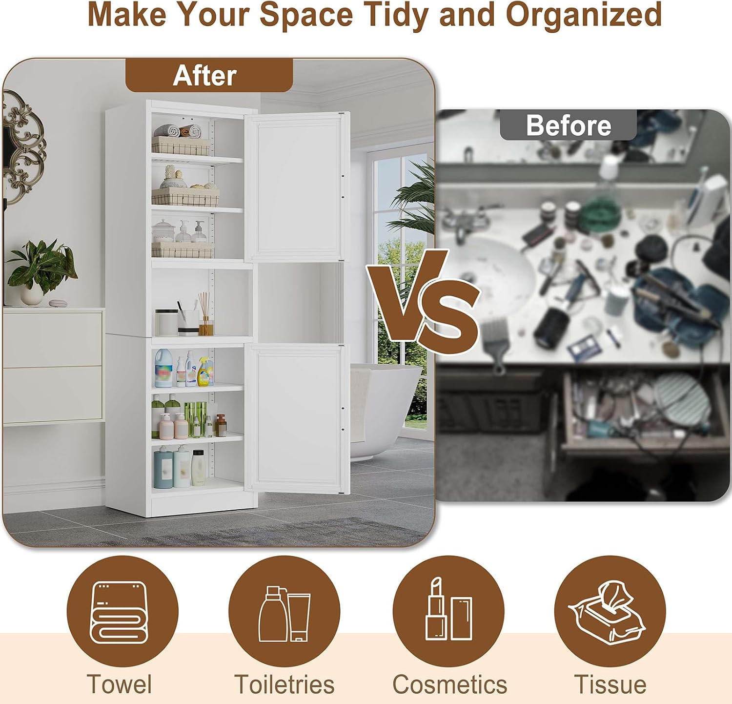 pozdeg 67" Tall Narrow White Metal Storage Cabinet | 2 Doors, 4 Adjustable Shelves, Freestanding Slim Pantry Organizer for Bathroom Kitchen Living Room